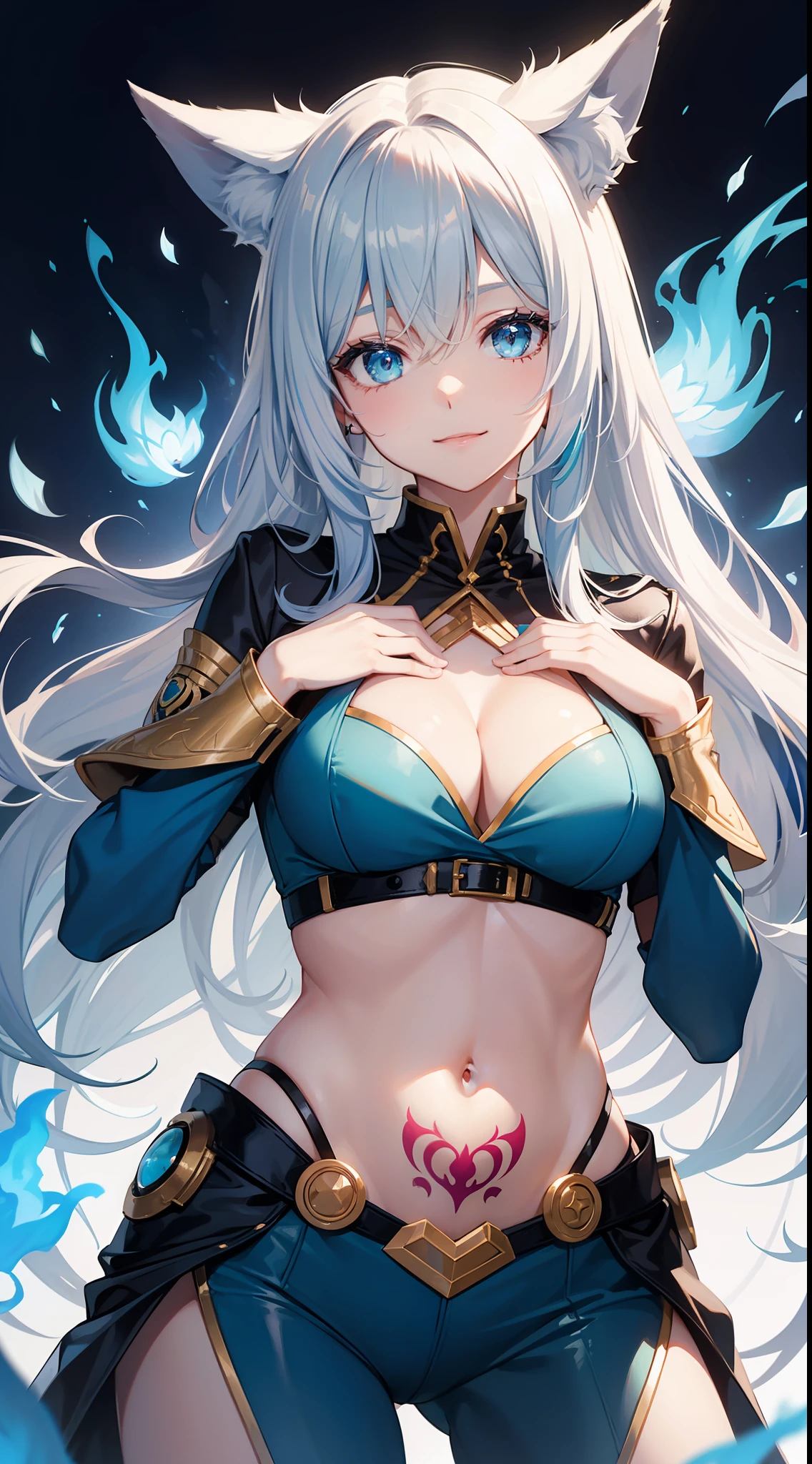 young girl, Long white hair, Cyan eyes, Fox ears, Superhero Uniform, Blue Flame, open belly, Tatoo, neckline on the chest, ssmile, Masterpiece, hiquality