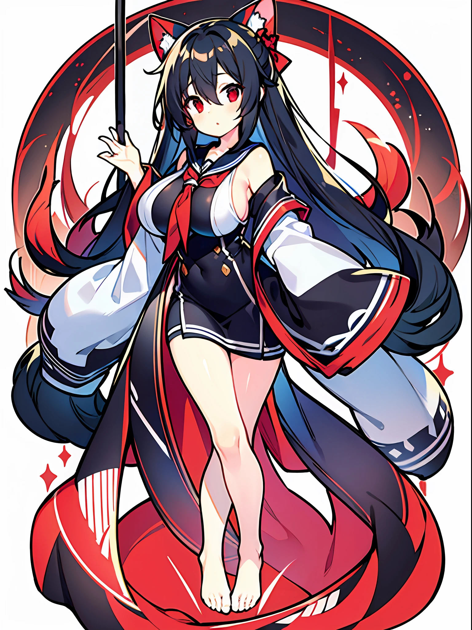 full body ,white background ,1girl ,bare shoulders ,black hair ,red eyes ,long hair ,wide sleeves ,bare legs ,bare feet ,sailors shirt ,hair between eyes ,big breasts