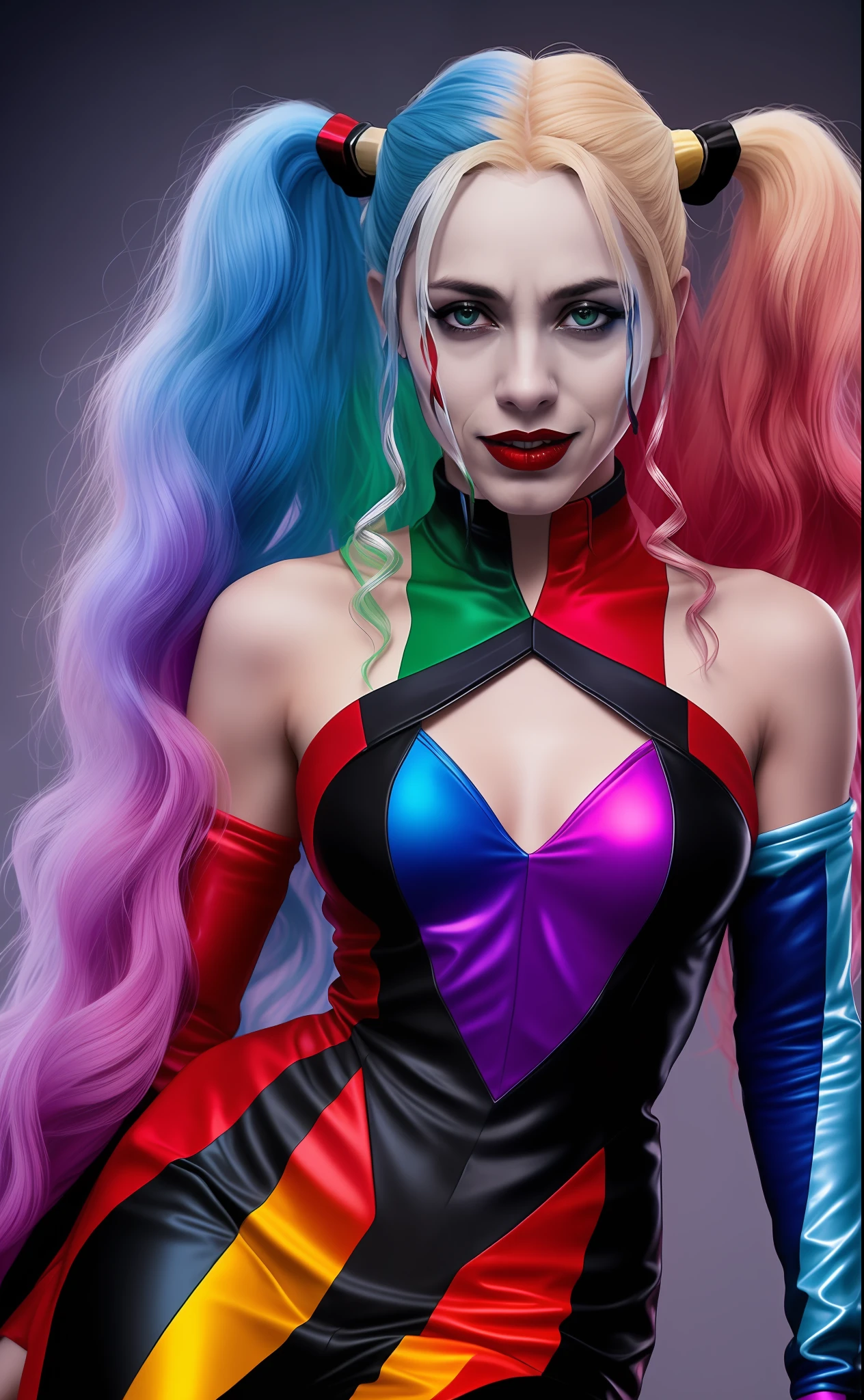 Gere uma imagem da ((Harley Quinn with all-African characteristics)), (incluindo pele escura, cabelo cacheado e colorido), in a battle setting in a vibrant, Action-packed city.


(A Arlequina deve ser representada como uma mulher africana, with dark skin and facial features that reflect the ethnic and cultural diversity of the African continent.
2. Seu cabelo deve ser naturalmente cacheado, com cachos definidos e cheios, e colorido com tons vibrantes, como azul, rosa, verde ou roxo, combinando harmoniosamente com sua pele escura.
3. A Arlequina deve estar vestindo um traje inspirado na personagem original, with a predominance of blue and red colors, but with details and elements that value the richness of African cultural traditions.
4. She is to be depicted in a battle setting in a lively city, provide inclusive and empowering representation.

Contar: Use sensory descriptions to enrich the image, destacando a textura do cabelo, os detalhes do traje, the determined facial expression and intensity of the battle scene in the vibrant city.

After the image is generated, consider making adjustments or reiterating instructions to ensure an outcome that celebrates African representation and the strength of Harley Quinn amidst the action and adventure in the exciting city.