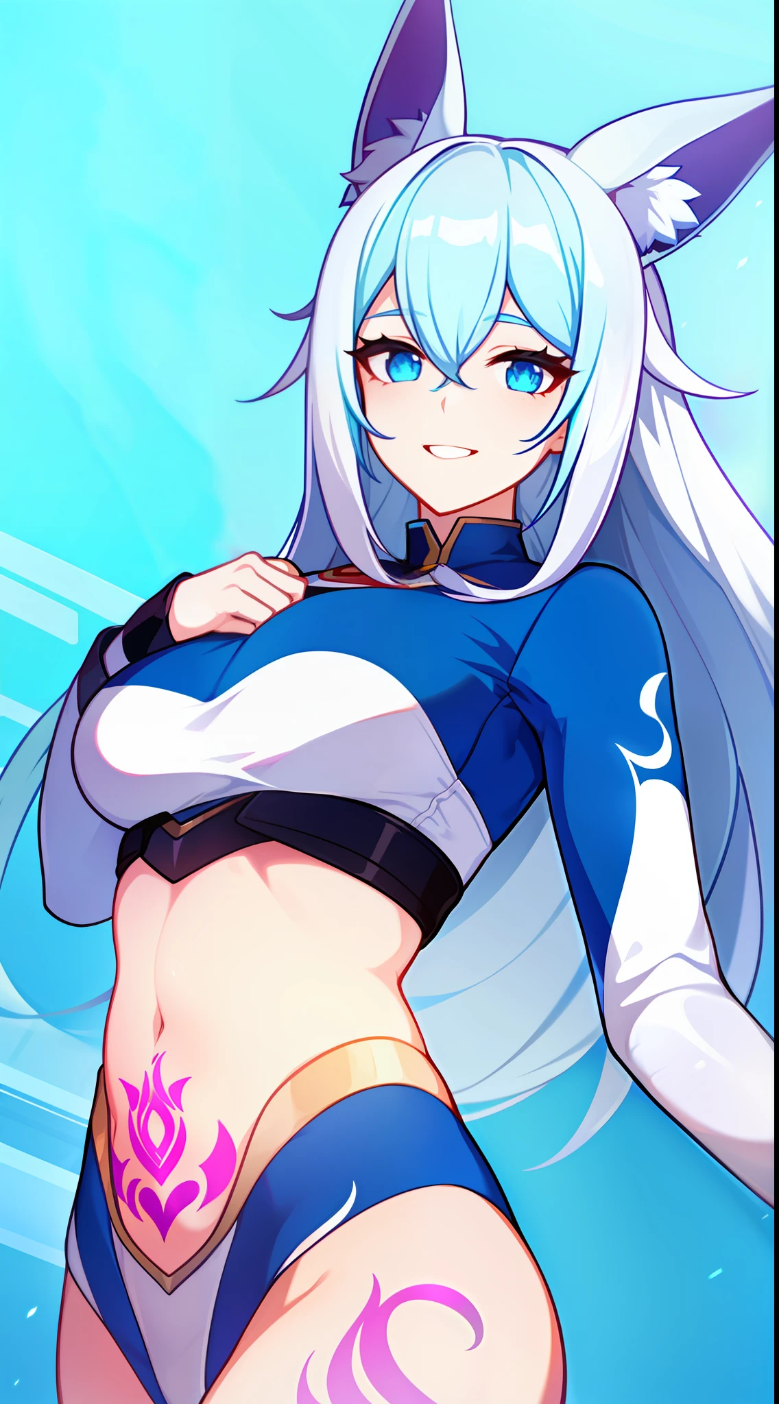 young girl, Long white hair, Cyan eyes, Fox ears, Superhero Uniform, Blue Flame, open belly, Tatoo, neckline on the chest, ssmile, Masterpiece, hiquality