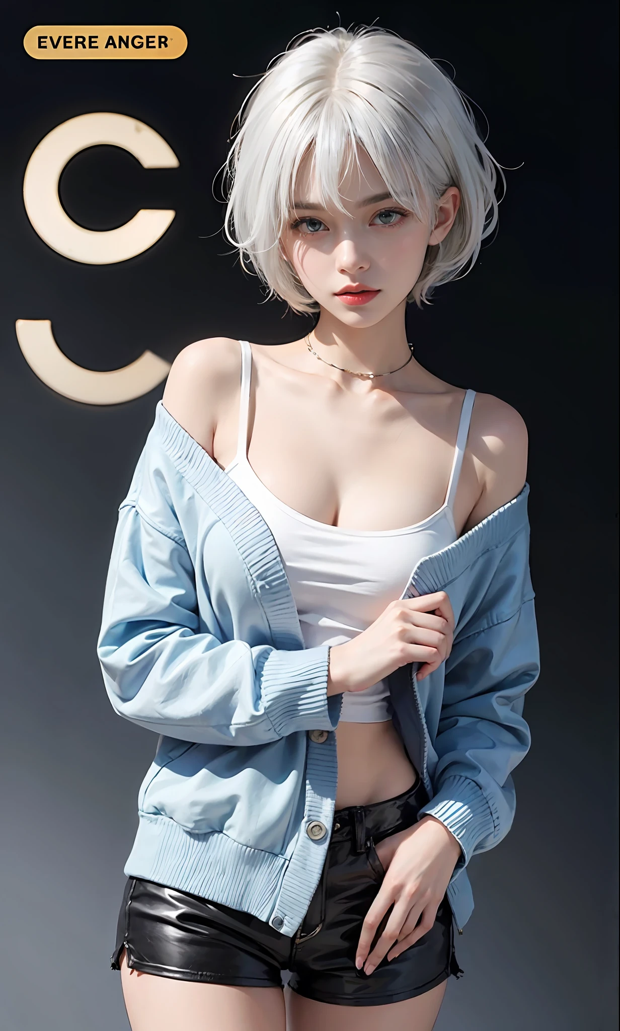 24 years old female model,a matural female,White colored hair,White shoulder fabric,Black shorts,Particularly shiny,Short hairstyle,Cover your chest with your left hand,The stands up,Cover your thighs with your right hand,Place your right hand on your waist,leaning-forward,Light blue sweater jacket,Inner eight,White collar
