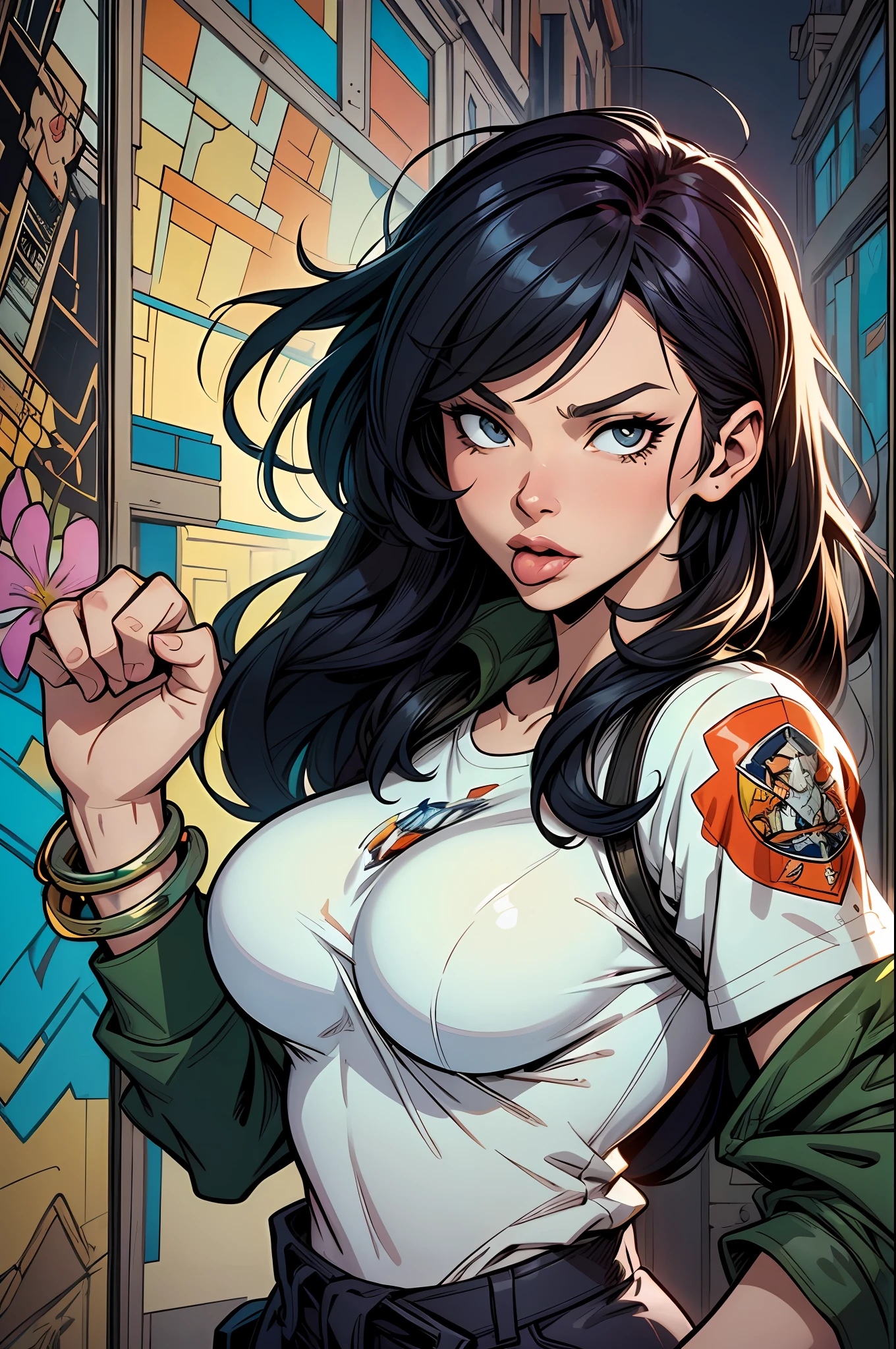 ::jason fabok and yoji shinkawa style ::2.0 comix illustration style,tatoon style , comic book style ,ashley alexiss argentina ,beautiful woman with long hair ultra detailed, (beautiful and clear background:1.2),, fantastic paintings ,graffit style, flowers, olhos altamente detalhados , a white t-shirt or dressed in a jaeans jacket and white blouse underneath, with both fists in a fighting position, and bracelets, fighting against an enemy, with long black hair , stained glass colored, tongue slightly out, vibrant, alphonse mucha style, fantastic paintings by joe madureira ,high quality, --ar 3:4 --upbeta --test --creative --upbeta --upbeta --upbeta --upbeta, masterpiece, best quality, high quality, extremely detailed cg unity 8k wallpaper, scenery, award winning photography, hdr, extremely detailed, trending on artstation, trending on cgsociety, intricate, high detail, art by midjou