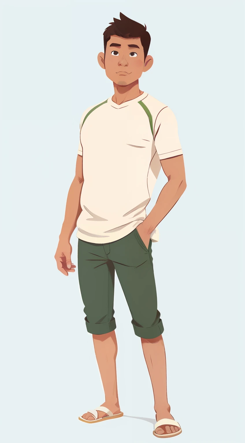 1 man, Filipino man 40 year old, full body illustration, front view, wearing a white casual singlet, flipflop, skinny body, short green pants, no abs, white background, brown skin, tan skin, black skin, short hair