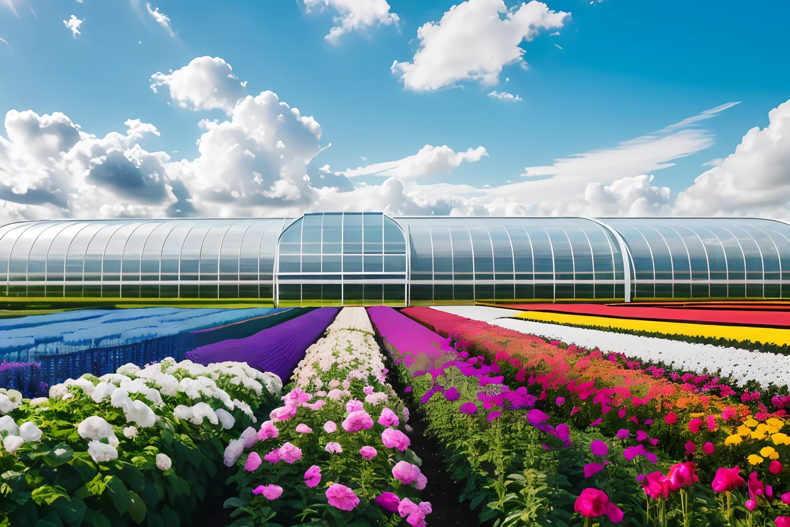 AI greenhouse ,Grandiose spectacle, Scenes, Live photos, 8K, Kodak, shutter inventory, Blue sky and white clouds, Floriculture