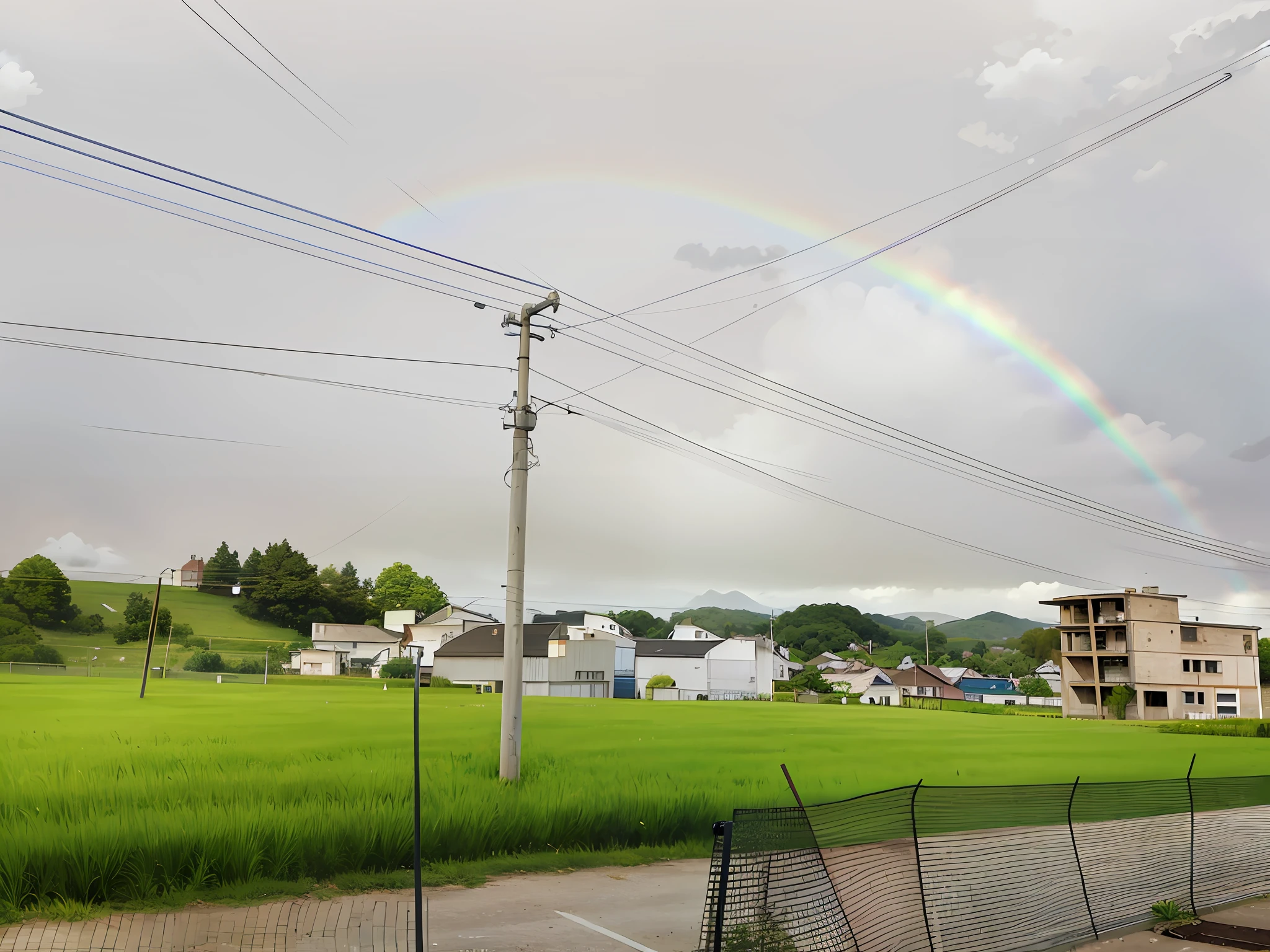 Rainbow landscape on fenced greenery,grass field surrounding the city,grey skies with two rainbows,residential area,village in the background,Some houses in the background,rainbows in the background,day after raining,green fields in the background,wide angle photo,small town surrounding,Building in the distance。