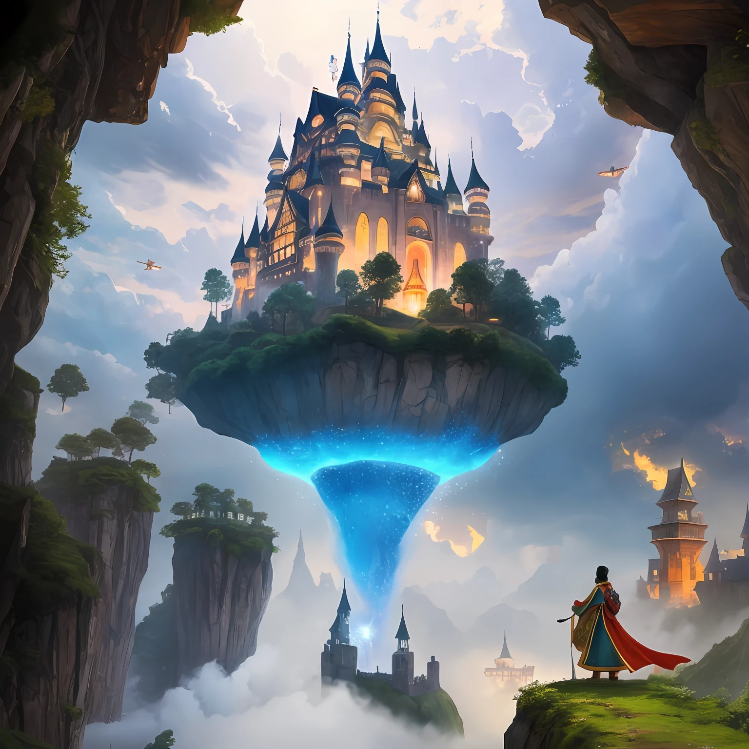 A captivating image of Pazu, Sheeta, and a beautiful, glowing castle that takes off and floats in the air from the Japanese classic anime Laputa: Castle in the Sky. Pazu and Sheeta are standing on top of the castle. As well as being a fantasy setting, the taking off and glowing castle also serves as a symbol of harmony and hope for the characters. The sky is bright blue, and the forest stretches to the horizon, creating a shimmering, misty atmosphere. Wide aperture, slow shutter speed, warm colors