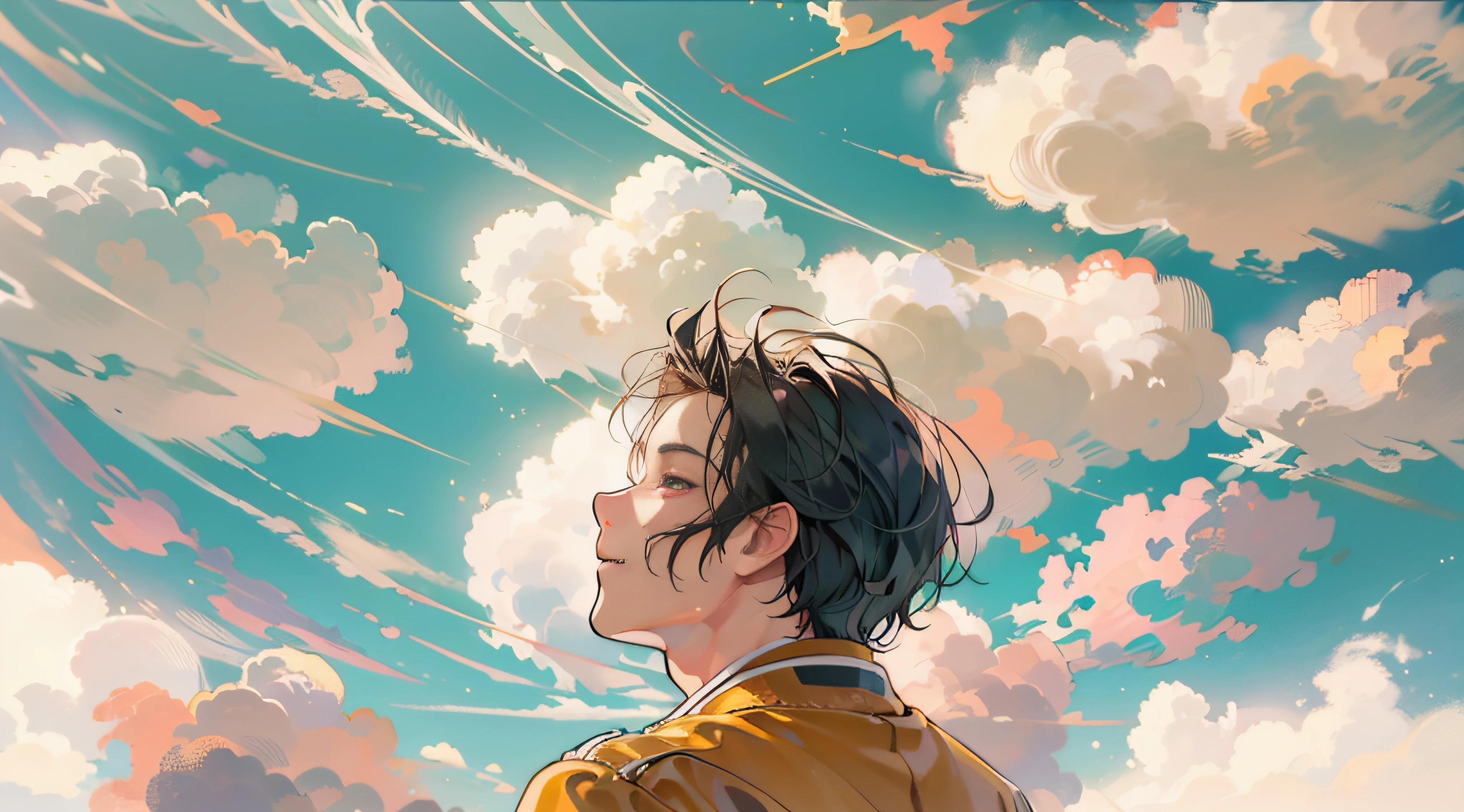 movie still, 1male, floating in the sky, cloud, bright, happy, fun, (Bauhaus, shapes, lines, abstract:1.1), (close-up:1.1), soft lighting, masterpiece, best quality