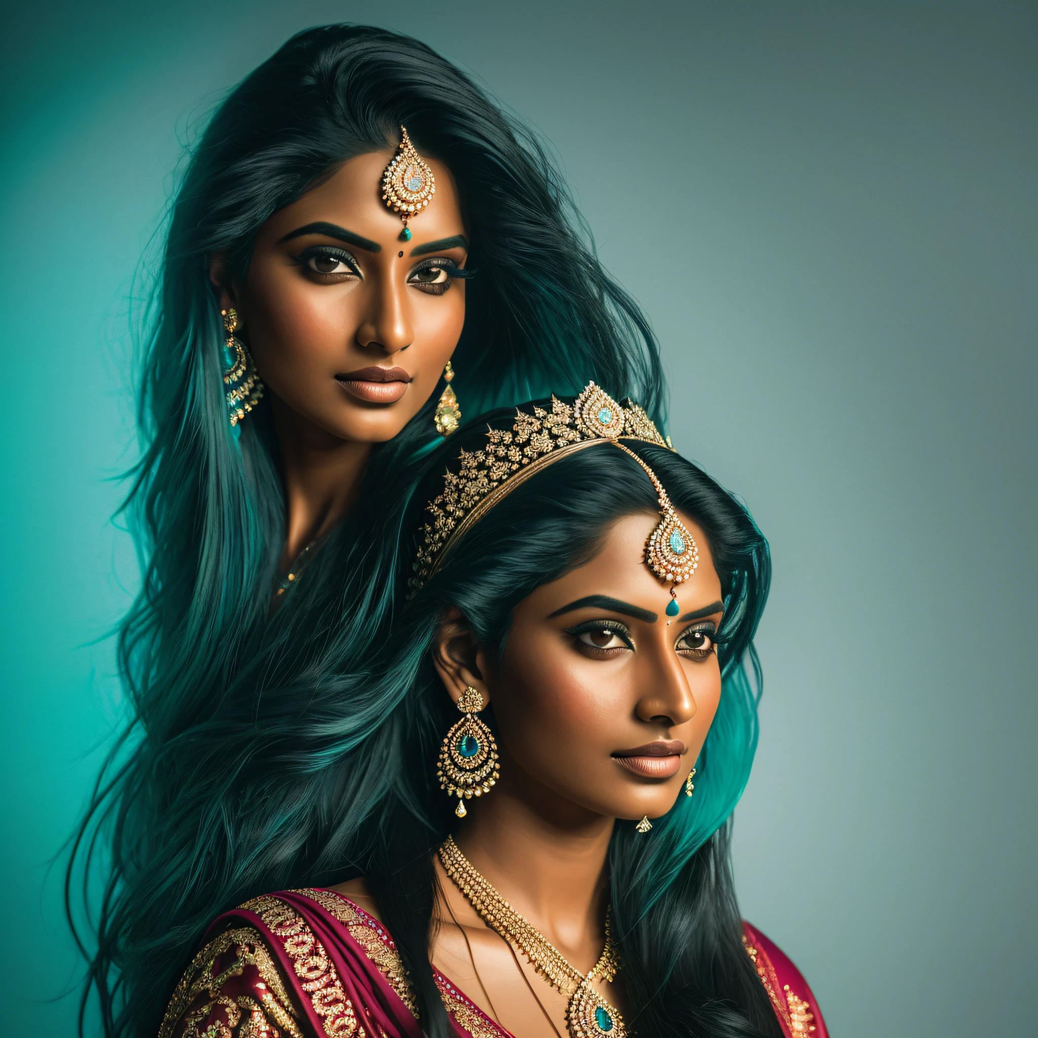 portrait of a award winning photo of indian princess posing in a dark studio, (rim lighting,:1.4) two tone lighting, sharp focus, teal hue, octane, unreal, dimly lit, low key, very long hair, with star earring, with hair filling the entire screen --auto