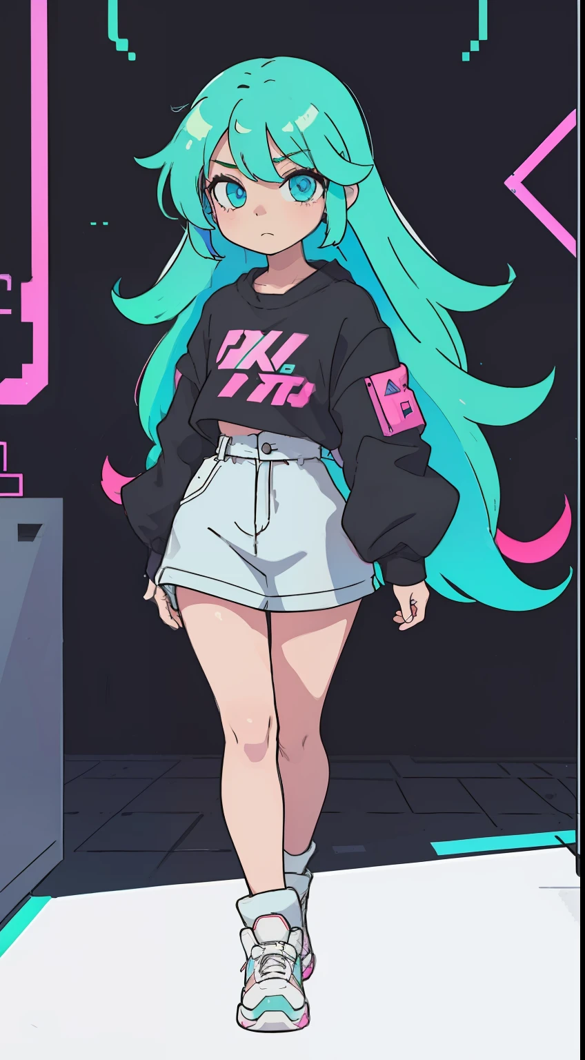 Simple shades, {{{{{{{{{{{{full bodyesbian}}}}}}}}}}}, simple clothes, simple clothes, animesque, Retro anime , beautiful girls face, Anime Girl, Girl aesthetics, The aesthetics of anime in the 90s, digital anime, Beautiful cute lighting, Looking at Viewer, Full body, Simple hair, The aesthetics of vaporwave, 64 pixel art, Pixel art, Streetwear Design, Provector, Pixel 64-bit style, Full Design, Only 6 colors, solid color, No shadows, Full Design, neon color, Bright colors, Galactic Environment, Whimsical capture, in 8K, colorful lighting, Fancy, Cute, Bob Hair, neon light, hair between eye, Colored inner hair, youthfulness, , big eye, neon color, It features a simple, anime cyberpunk, Black outline, No outlines in the eyes, {{{{Clothes are monochromatic}}}}, The shirt, Clothes in as simple a shade as possible