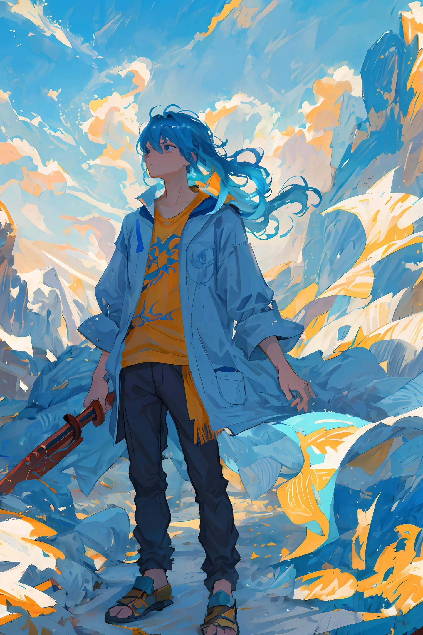 Blue dragon,Fly over sea level,Below there is a teenager performing a sacrificial dance,with intense rain
