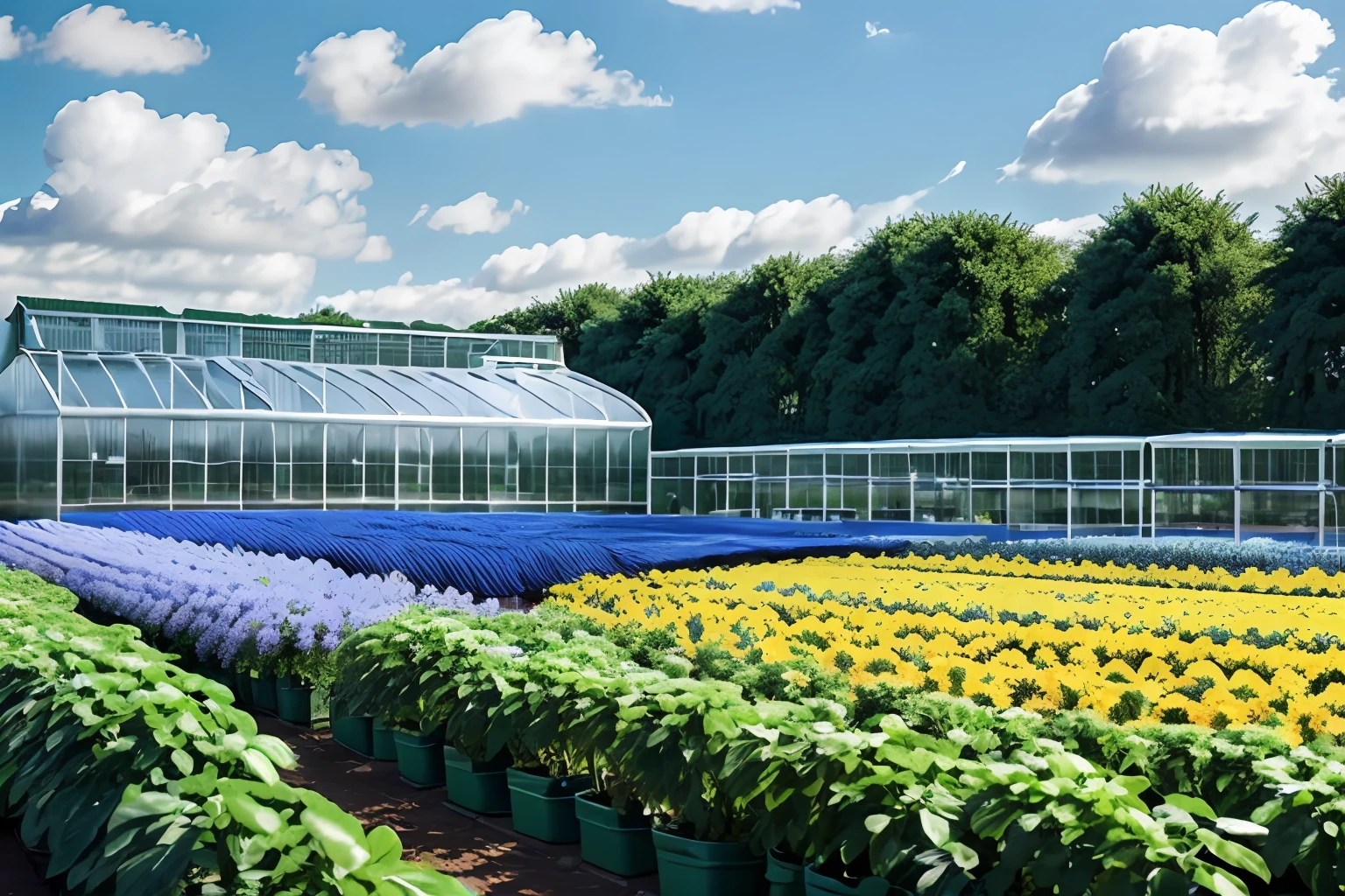 AI greenhouse ,Grandiose spectacle, Scenes, Live photos, 8K, Kodak, shutter inventory, Blue sky and white clouds, Floriculture