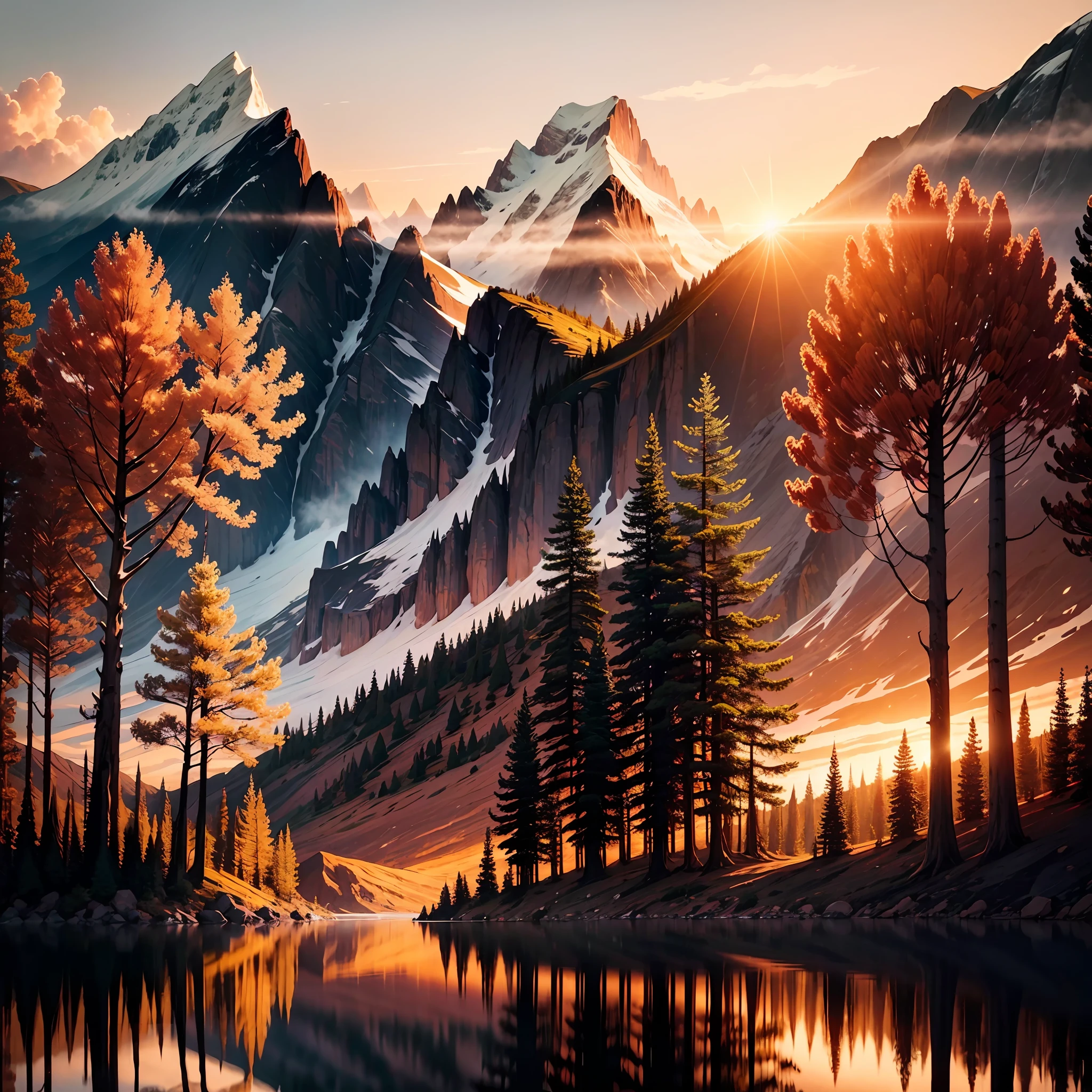 Foto em 16:9 of a magnificent sunset over a mountainous landscape, where the high peaks are bathed in a golden light and the sky is painted with soft shades of orange and pink. The clouds extend in dramatic shapes, criando uma cena deslumbrante e serena. No primeiro plano, There is a tranquil lake reflecting the beauty of the sky, while silhouetted trees add a touch of mystery to the landscape. The balanced composition and vastness of nature captured in this aspect ratio of 16:9 convey a sense of calm and wonder at the grandeur of the natural setting. da-lhe uma palete de cores diferente de forma a que fique estilo artistico. --auto