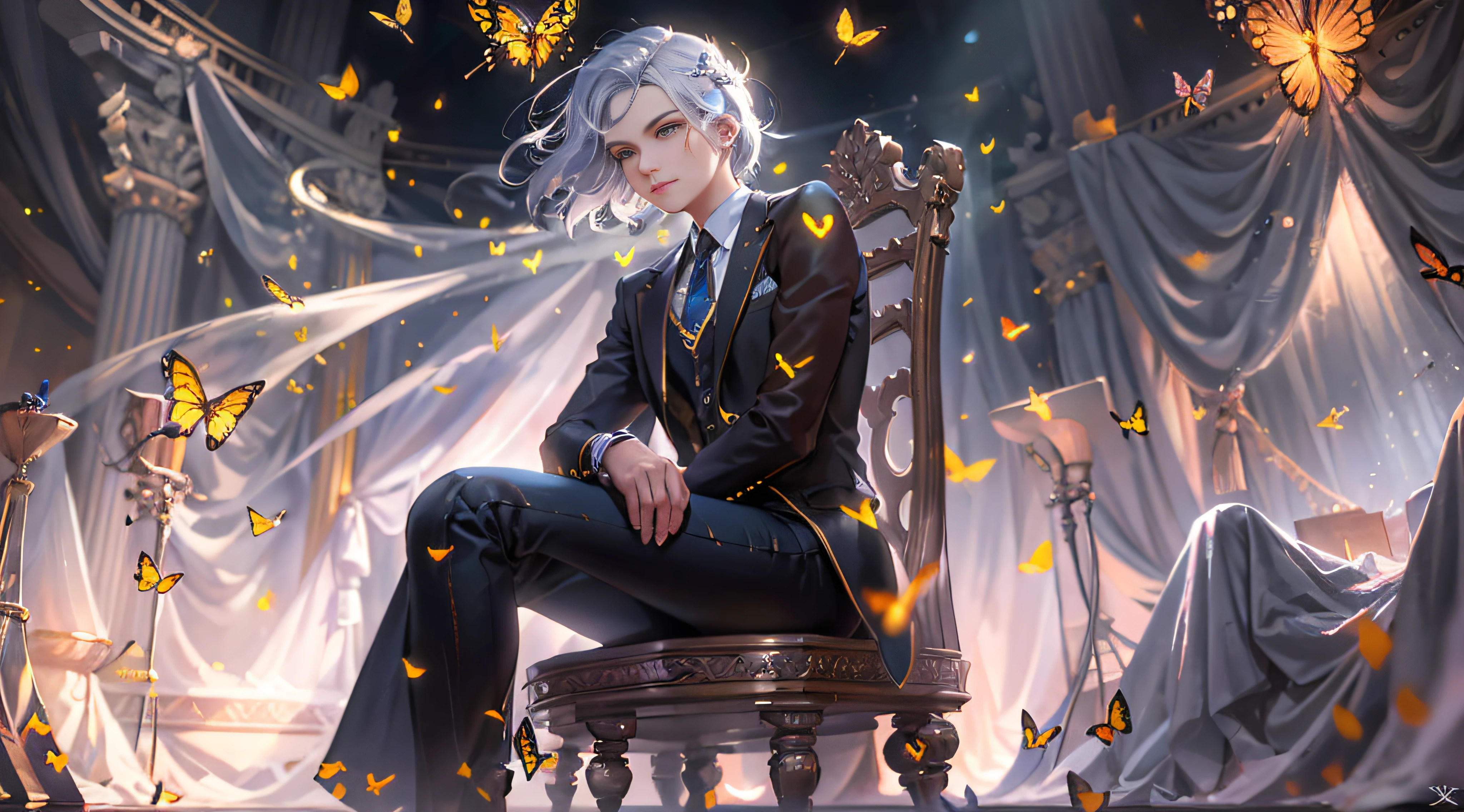 There was a man sitting in a chair，Butterflies flutter around, by Yang J, sakimichan frank franzzeta, Alice X. zhang, NeoArtcore和Charlie Bowater（charlie bowater）, Fanart Meilleure ArtStation, Kusart Krenz key artistic male, alexandra fomina artstation, Ross Tran style, Valentina Shuffle, kda, high detailed official artwork