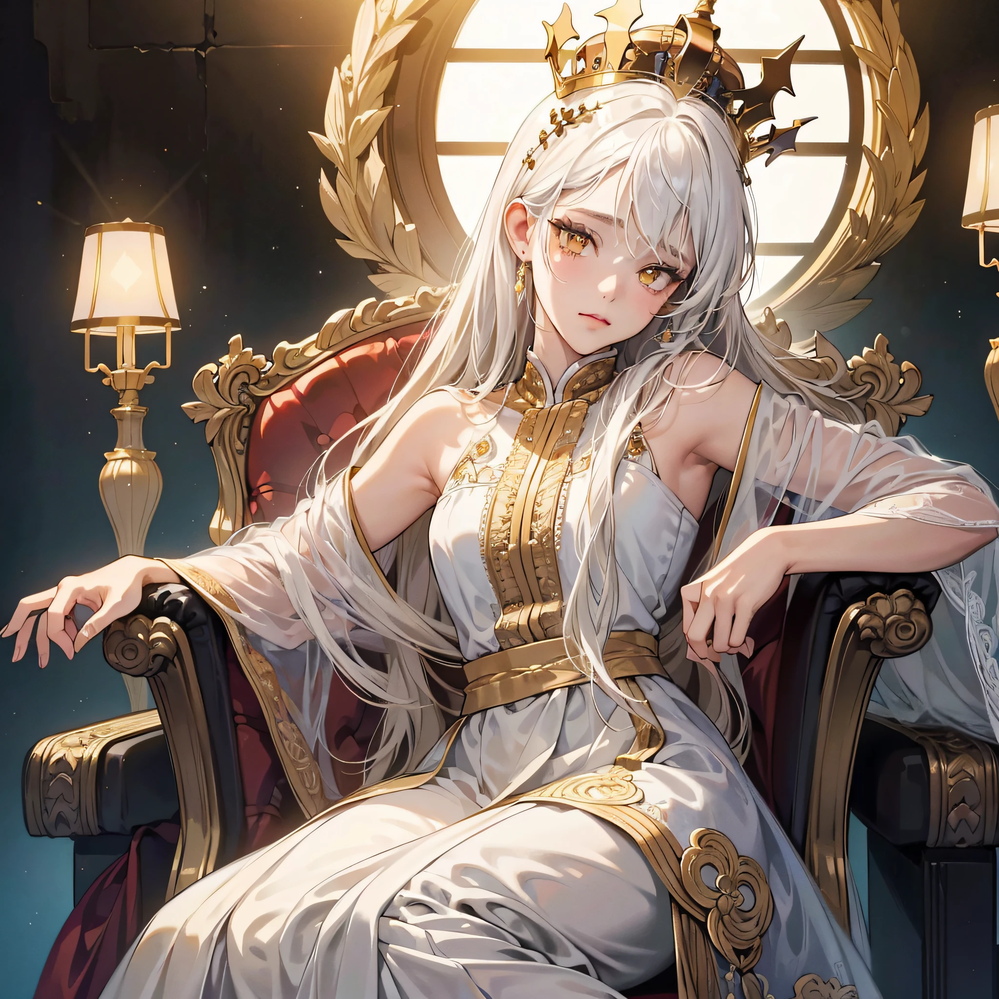 (Masterpiece:1.2), best quality, (illustration:1.2), (ultra-detailed), hyper details, (delicate detailed), (intricate details), (cinematic light, best quality Backlights), clear line, from below, soloist, perfect body, (1girl), white hair and yellow eyes, (emperor, black see-through clothes), (crown: 1.1), sitting on the throne, eyes slightly closed, head down, (shy: 1.2 ), (makeup), high contrast, (best illumination, an extremely create and beautiful), (cinematic light), colorful,