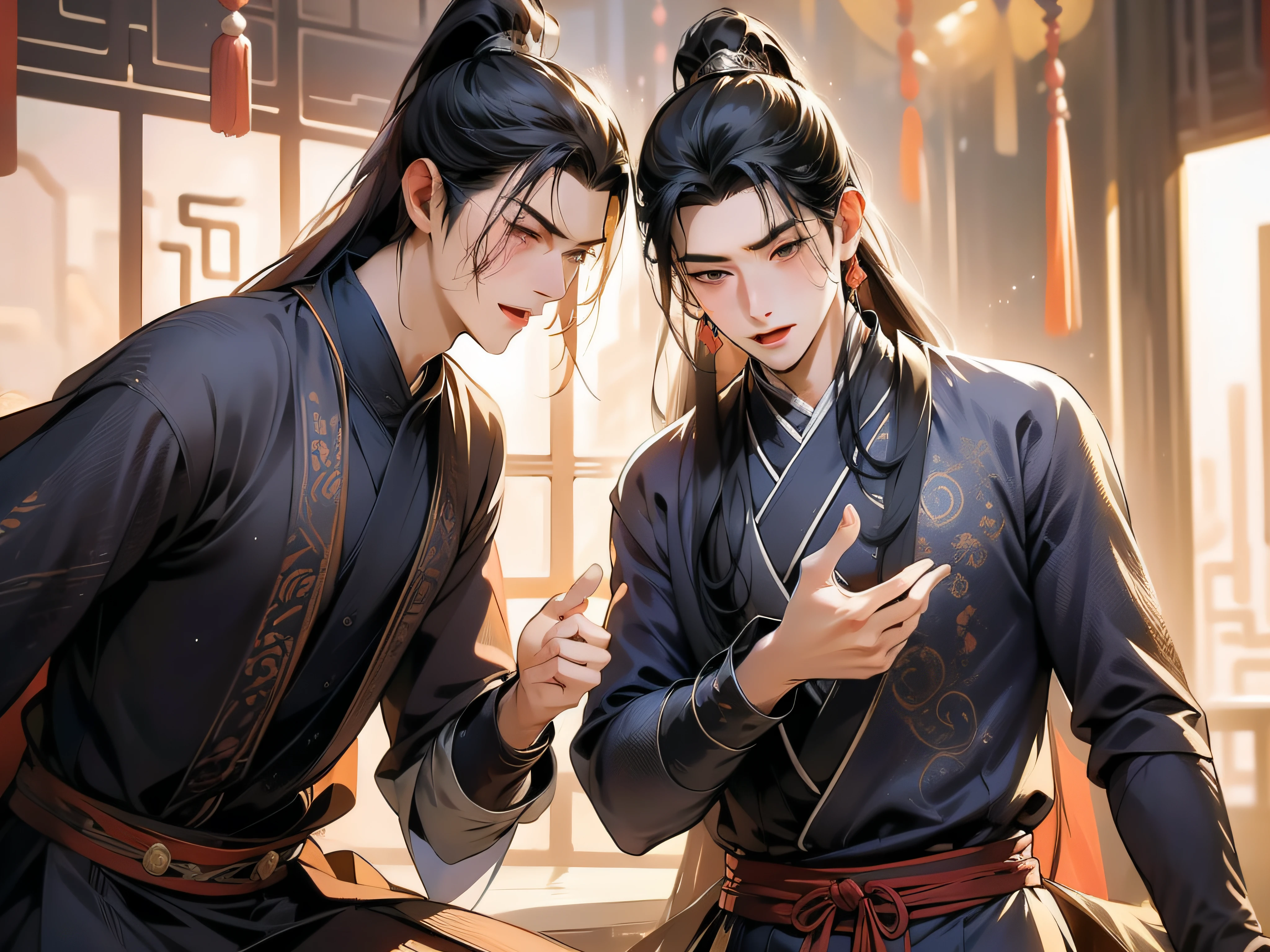 tmasterpiece,Best quality,2 boys,A brown hair,A black hair,A black dress,A light-toned dress,In the background is a Chinese window,The expression of laughter,masculine features