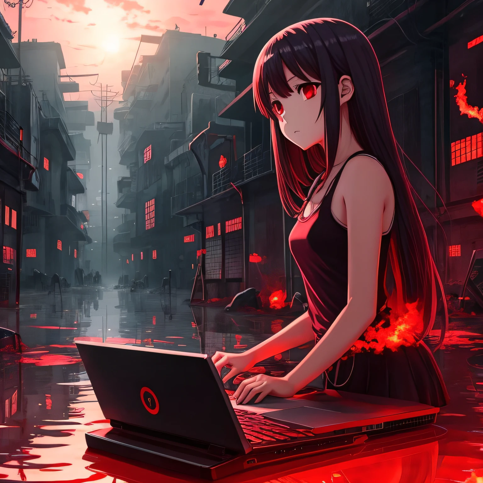 Anime girl playing computer in gloomy hell，Look at it with lonely eyes，There were countless pairs of eyes in hell looking at her，Everywhere around, The demon's hands stretched out from the blood-colored lake