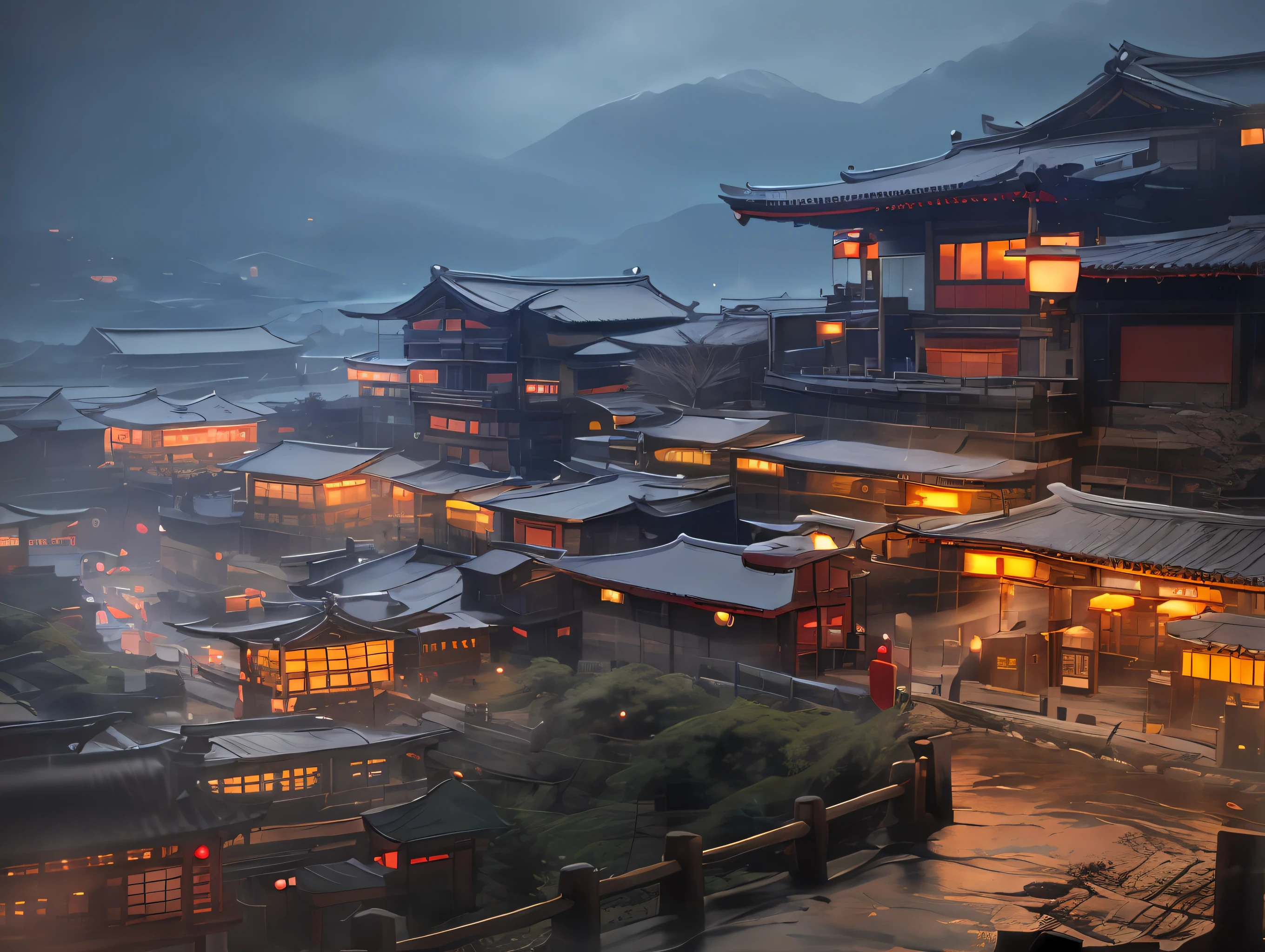 arafed view of a village with a lot of lights on the buildings, dreamy chinese town, chinese village, amazing wallpaper, japanese town, japanese village, hyper realistic photo of a town, old asian village, japanese city, by Raymond Han, rainy evening, cyberpunk chinese ancient castle, beautifully lit buildings, at evening during rain, beautiful and aesthetic, photography, cinematic, 8k, high detailed ((Heavy rain)))