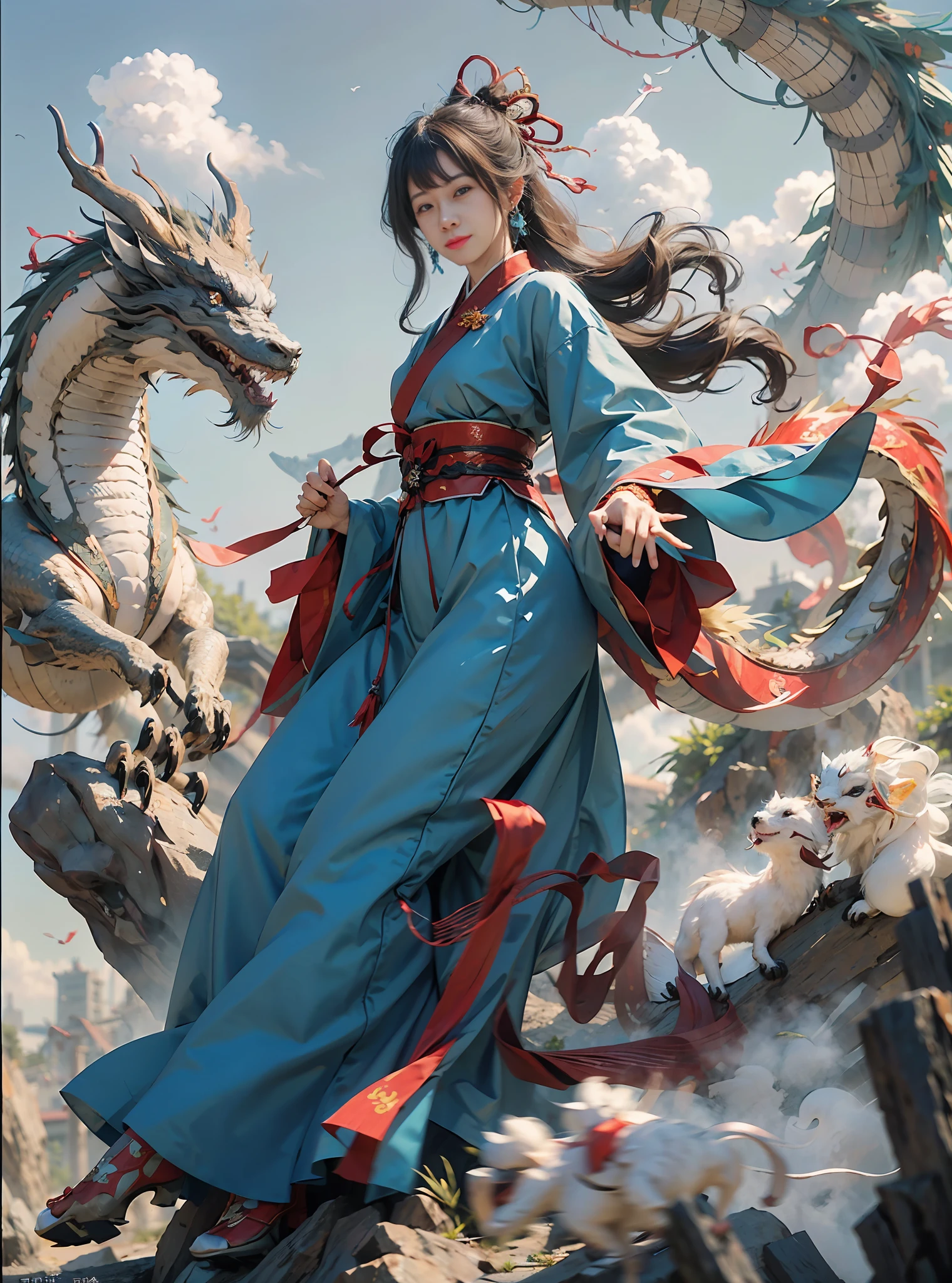Best quality, masterpiece, illustration, very detailed, 1 girl, 1 white Chinese dragon as background, beautiful and detailed girl, very detailed eyes and face, light on face, lighting, looking at the audience, rainbow candy, smile, full body, full_body shot, (from the front: 1.2), (((majestic))), floating, blue sky, stone, blue sky, Chinese dragon, glowing blue, clouds, traditional Chinese elements, Chinese red, traditional Chinese hair accessories, elegant hair, floating ribbon, martial cloak, shu style, (martial arts: 1.2), hanfu