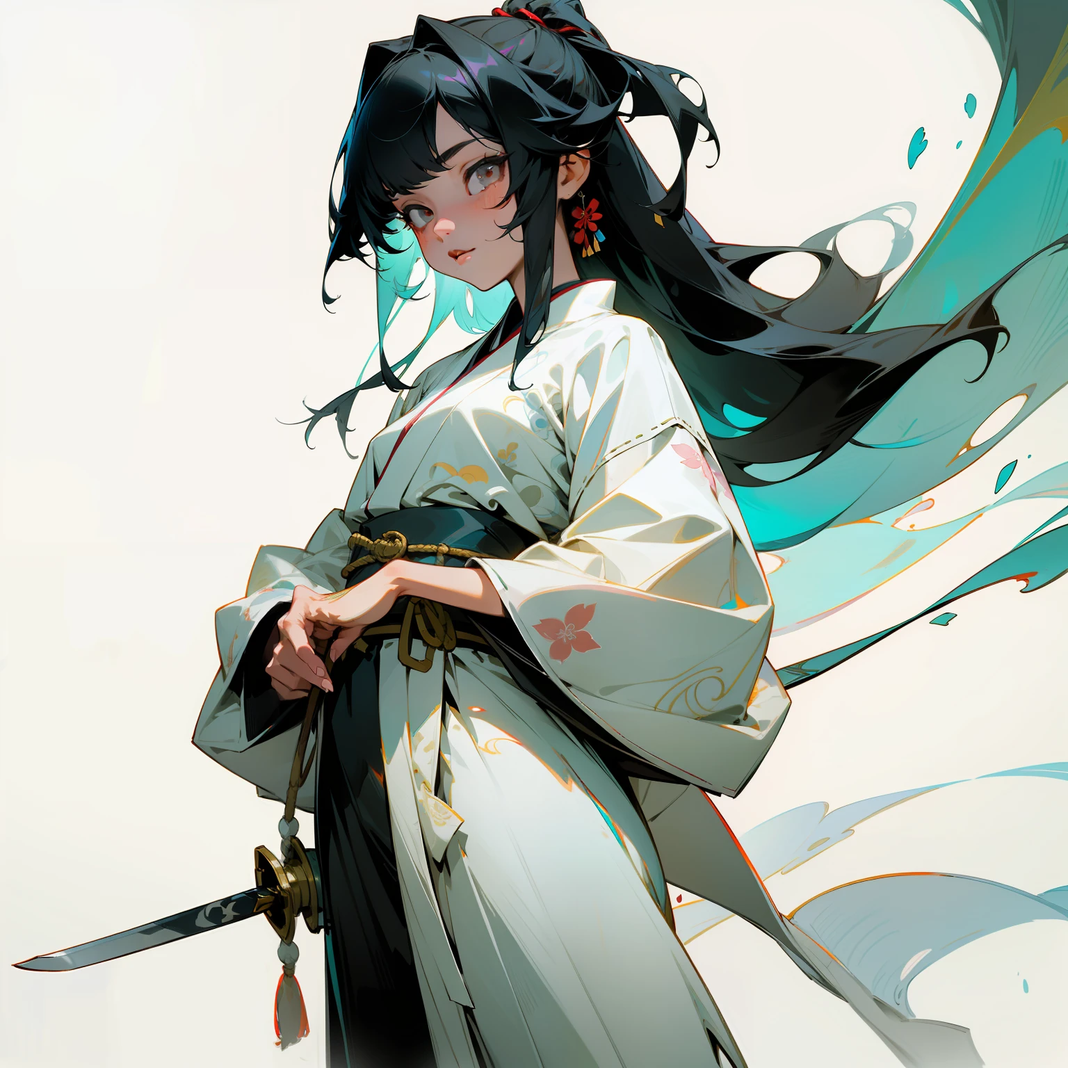 tmasterpiece,最好质量,Standing painting,Character design,one-girl,Long hair in white color,Japanese style costume,holding a longsword,The artistic conception is elegant