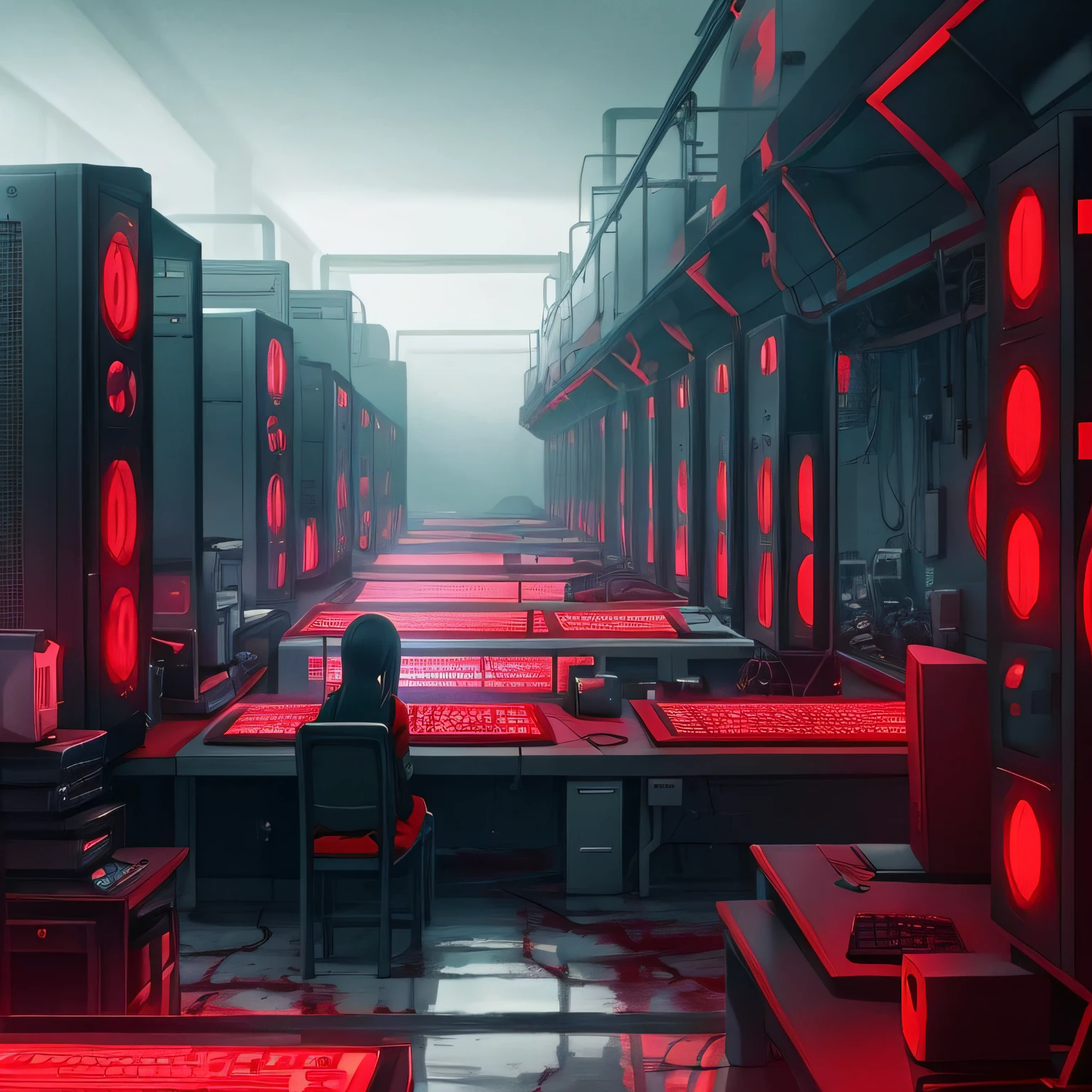Anime girl playing computer in gloomy hell,Look at it with lonely eyes,There were countless pairs of eyes in hell looking at her,Everywhere around, The demon's hands stretched out from the blood-colored lake