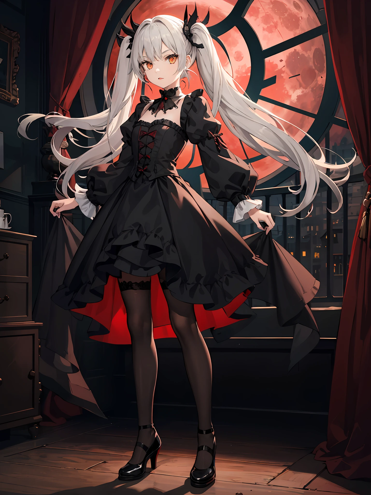 gotik,Victorian,solo,1girl,london,Big red moon,the night,Red sky,Gothic petite girl,grey long hair,whiteeyes,Flat milk,Gothic style clothes,leather shoes,full bodyesbian,Stand up