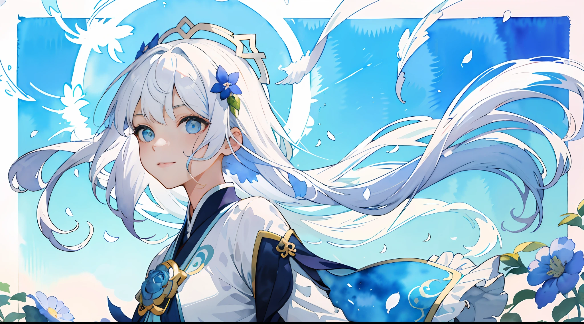 Mature cute girl ，The eyes are bluish blue,Wallpapers，French bangs，White hair color，Half-body diagram,Blushlush，Half-body diagram,Floating hair,Chang'e，Wear flowers on your head，Delicate and agile eyes，Intricate damask hanfu，Eyes narrowed slightly，Petals flying，Gorgeous accessories，fov，f/1.8，Half-body diagram，tmasterpiece，blue-sky，Petals flying，Side lighting，The sun shines on people，8K，(Smile:0.9)，(Masterpiece,top-quality,best qualtiy,offcial art,Beauty and aesthetics:1.2),(1girll:1.5),Long hair,extremedetailed,Colorful,highestdetailed,(watercolor paiting:1.4),opticalmixing,playfulpatterns,livelytexture,richcolors,unique visual effect