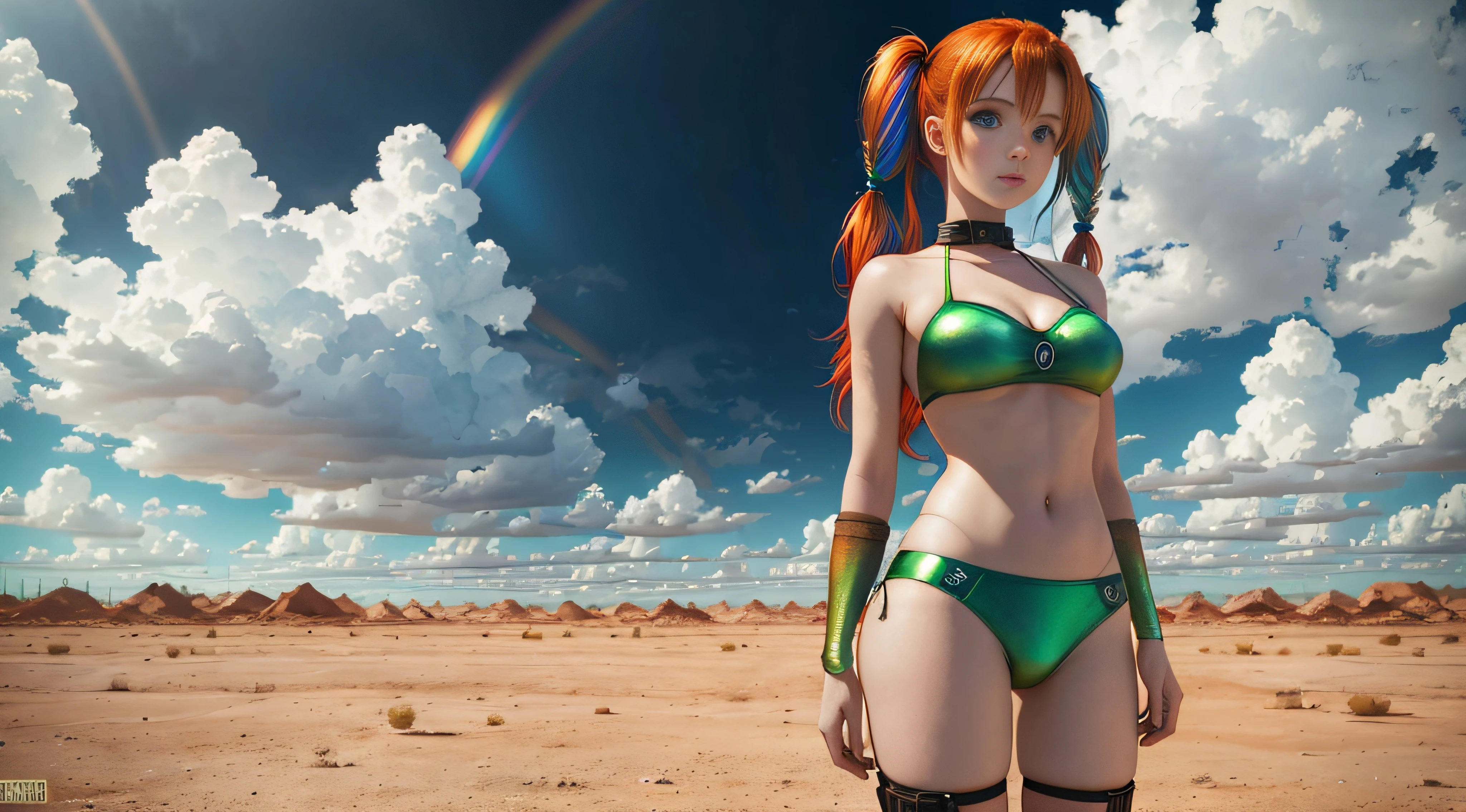 cute redhead woman in twin tails, multiple rainbow colored hair, sky-blue eyes, happy, Ukrainian, petite, pale skin, wearing a green metallic color bikini, post apocalyptic background, bleak barren desert, photo realistic woman. --auto