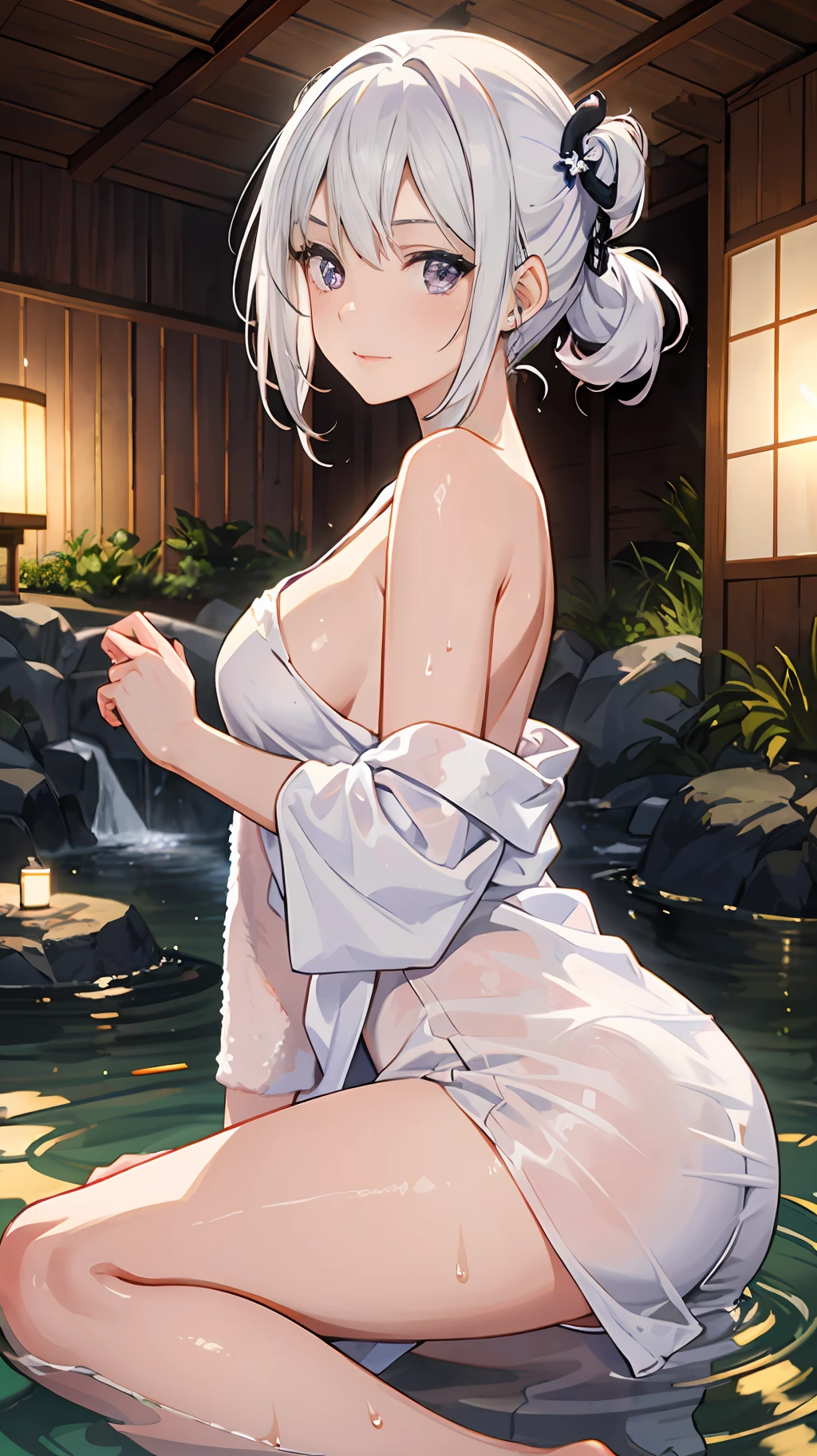 1girl， White hair, Purple eye, sportrait, photorealestic, Towels, (onsen), sidelighting, wallpaper, nsfw,