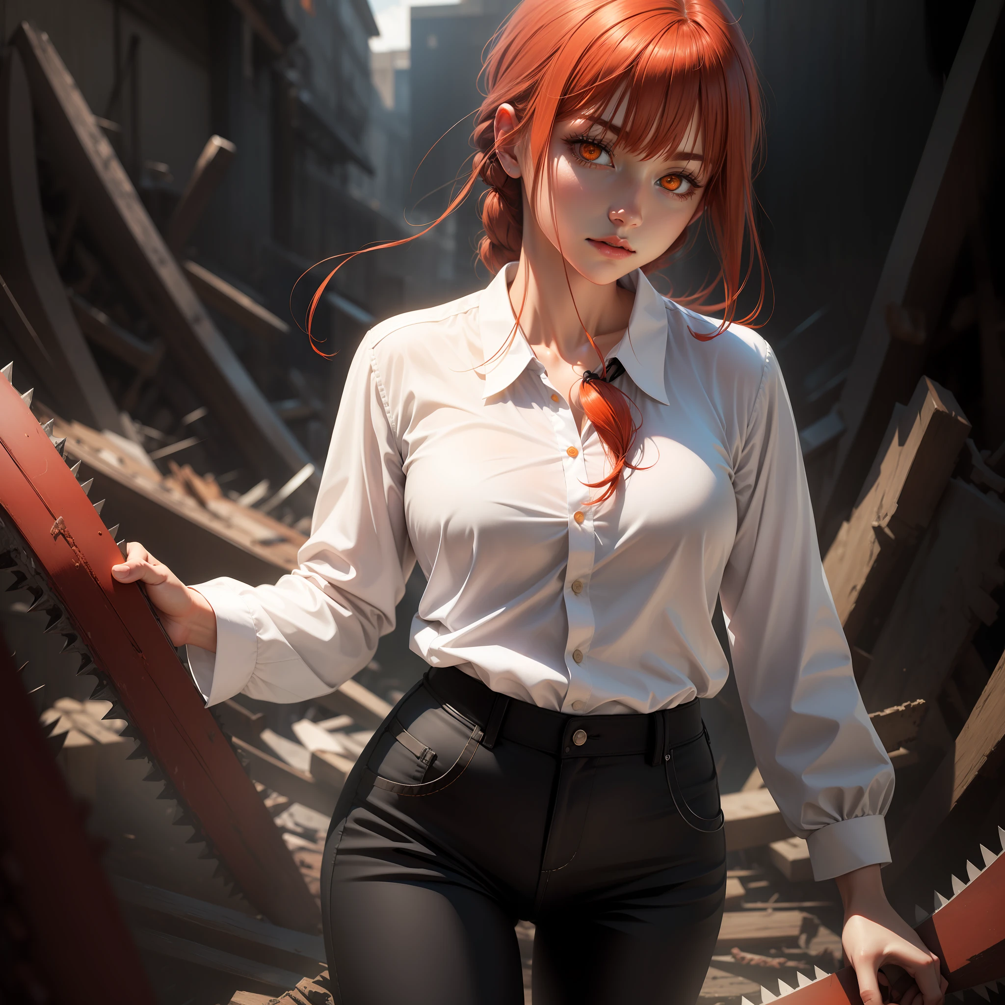 red hair, orange eyes, white shirt, black pants, makima, 1girl, solo, chainsaw man
