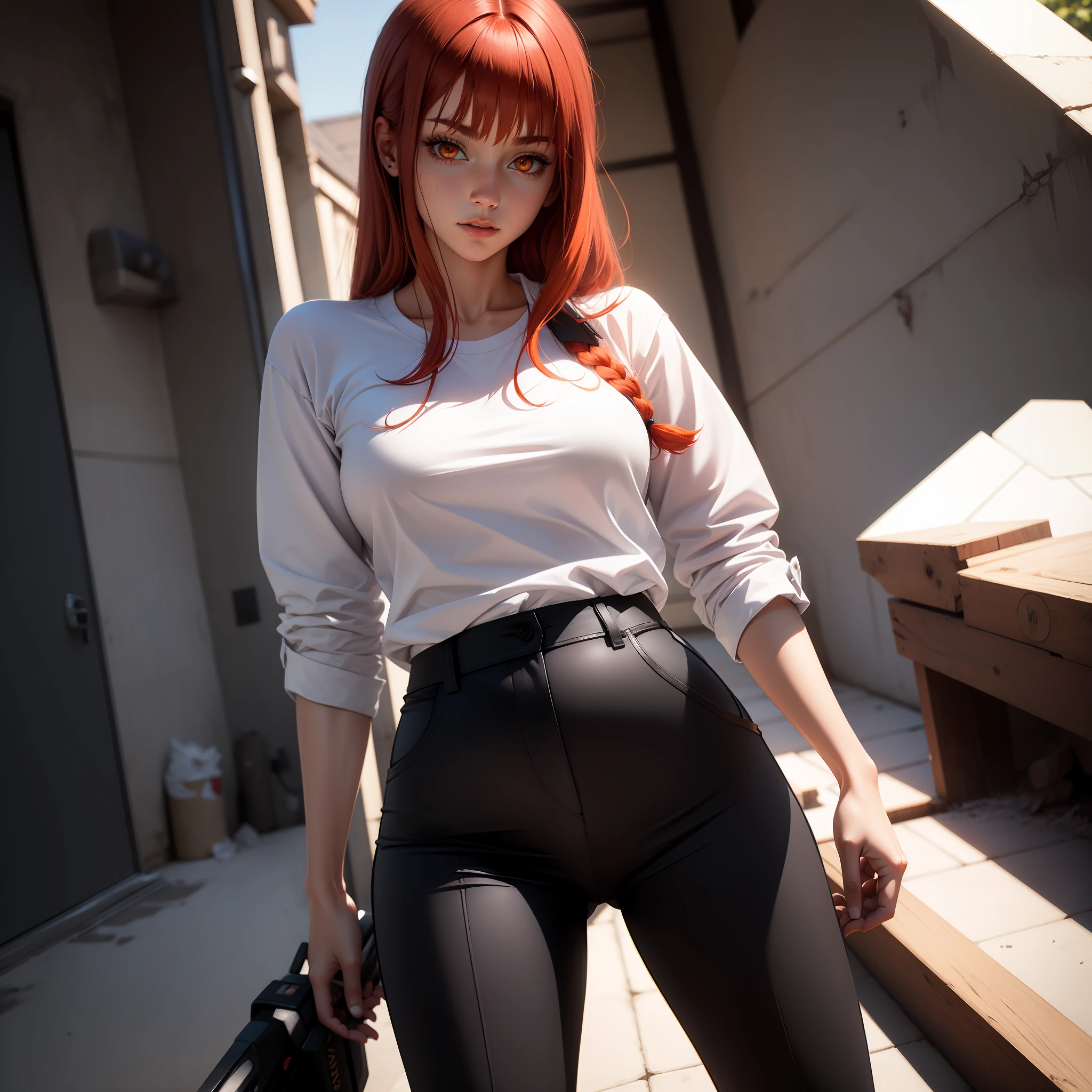 red hair, orange eyes, white shirt, black pants, makima, 1girl, solo, chainsaw man