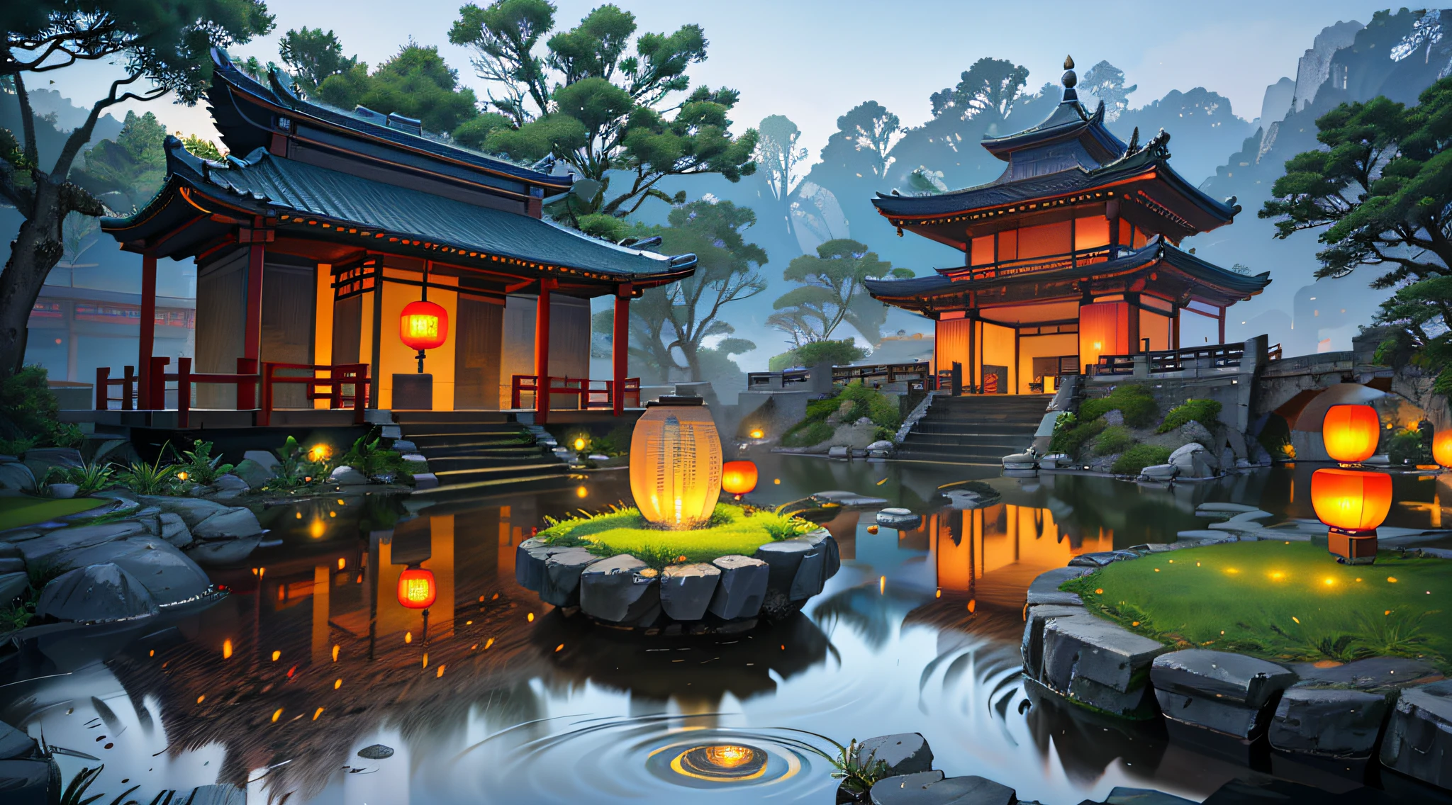 Ancient Chinese architecture, cool colors, dark night, moon, garden, bamboo, lake, stone bridge, rockery, arch, corner, tree, running water, landscape, outdoor, waterfall, grass, rock, dense fog, (Illustration: 1.0) , Epic Composition, HD Details, Masterpiece, Best Quality, (Very Detailed CG Unity 8k Wallpapers) --v 6