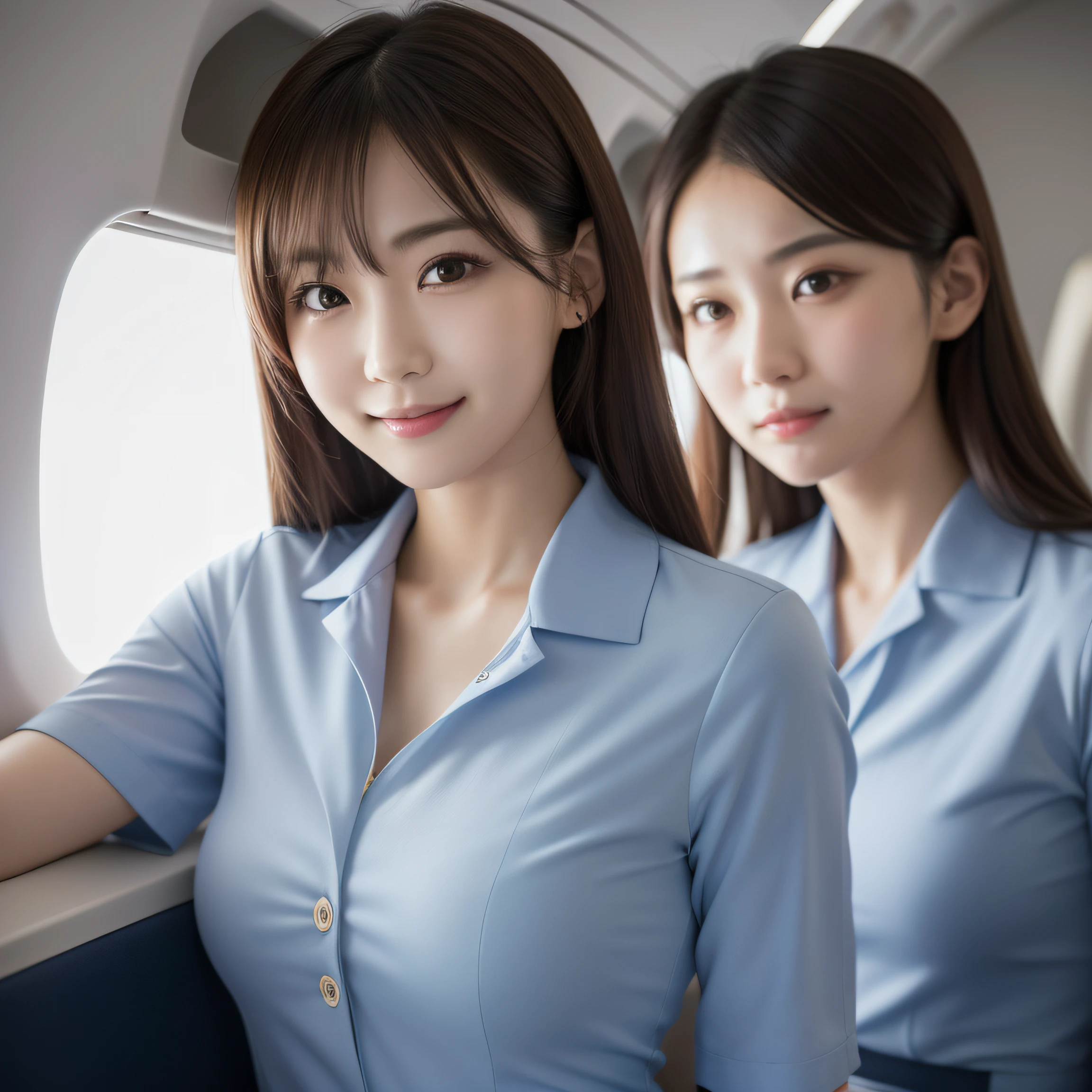 8K, masterpiece, best quality, photo realistic, ultra-detailed, 1 girl, Japanese girls, Korean idol, slim athletic body, realistic skin texture, modest breasts, (smile:1.0), gaze at viewer, flight attendant uniform, movie lighting, face focus, fine eyes, detailed face, well lit face, inside plane