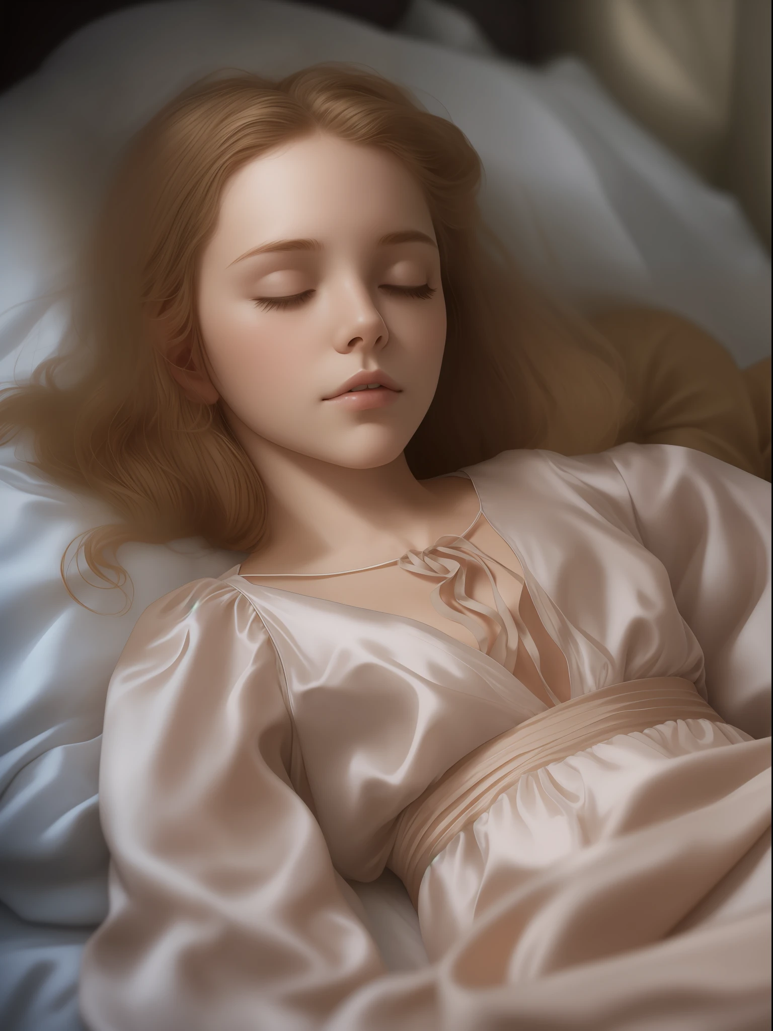 Sleeping girl，age 22，petite，realisticlying，Wearing a silk nightdress，Realistis，Detailed face