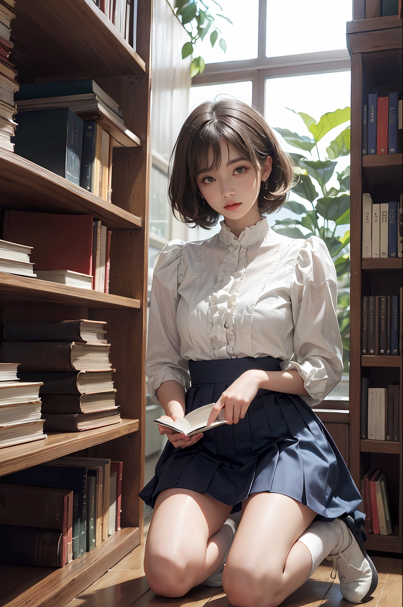 (hi-top fade:1.3)、Subdued Color、(natural skin textures、Hyper-Realism、Soft light、Soft Diffuse Lighting)、1人の女性、(White blouse with ruffles、Blue skirt with ruffles、Wear white ankle socks、(Silk white ankle-length socks and black pumps), wavy gray-brown hair adorned with ribbons、((Getting down on one knee to pick up a book that fell on the floor in front of the bookshelf))、Peaceful atmosphere in the library、Library shelves full of books