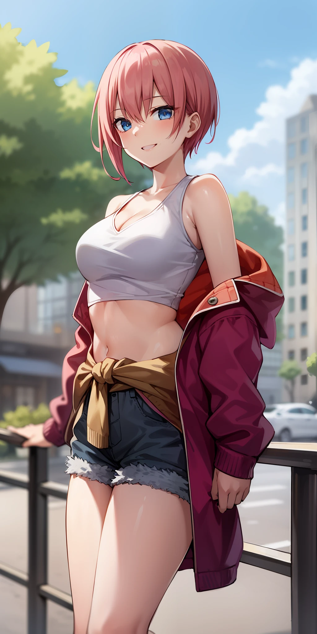 2d, masterpiece, best quality, anime, highly detailed, 1girl, solo, cowboy shot, nakano ichika, pink hair, short hair, cardigan around waist,White crop top, cleavage,Denim shorts, medium breasts, standing, outdoors, smile