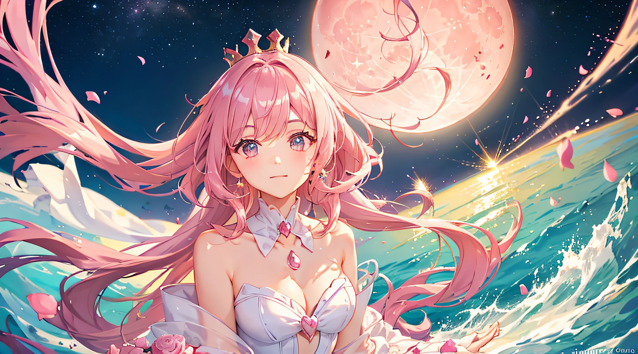 pink moon, pink sky, soft pink clouds, pink sea waves sparkling, shimmering, pink roses in pink sea, fantasy, diamonds, crown, space, soft light,