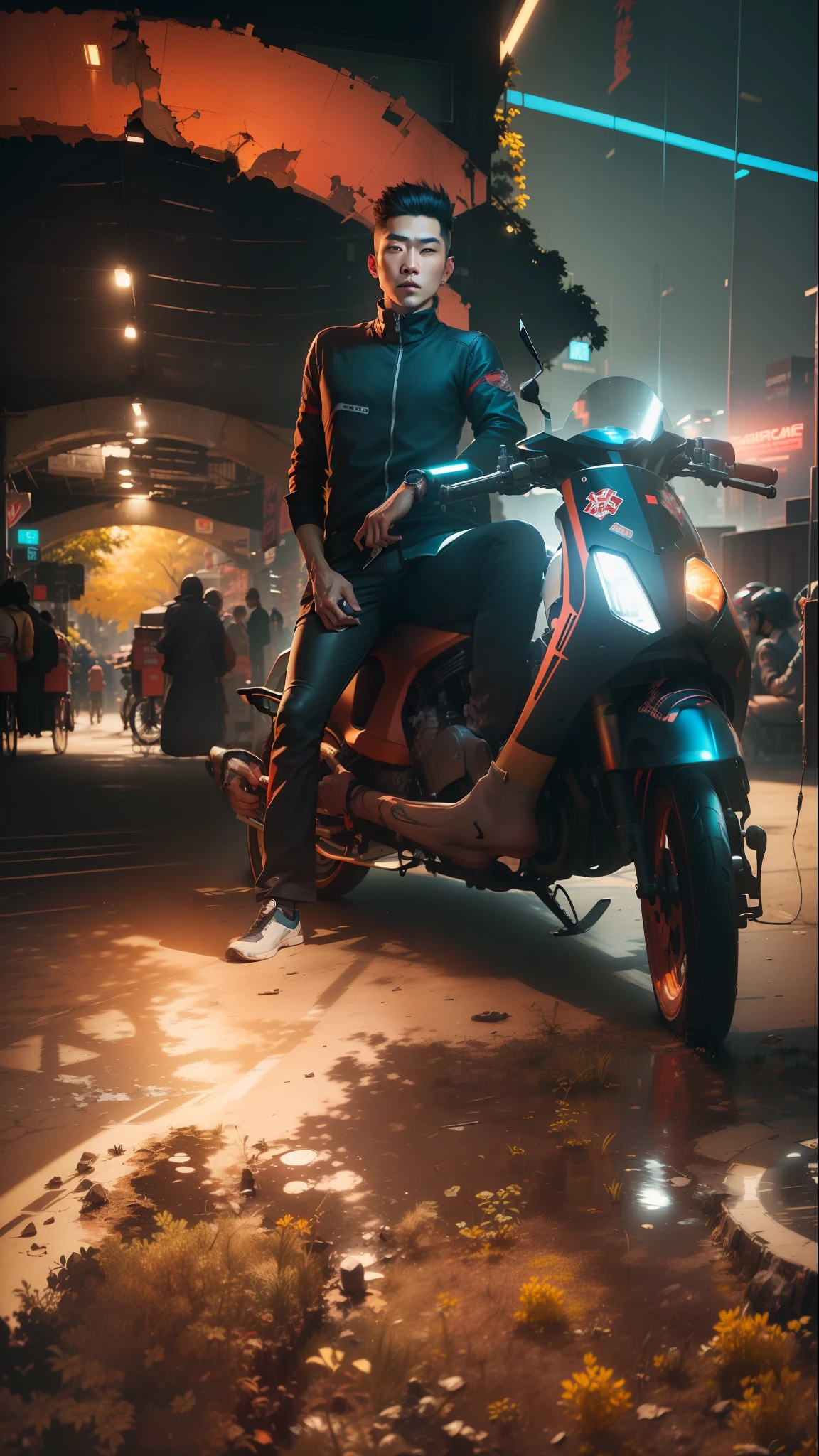 Create an Asian man cyberpunk style, futuristic background, short military cut hair, (best quality), ((1:1 resolution), (face centered in the center of the image), extremely high detail, avatar photo only, (head + shoulders), 8k resolution, highly realistic, bike change to superbike