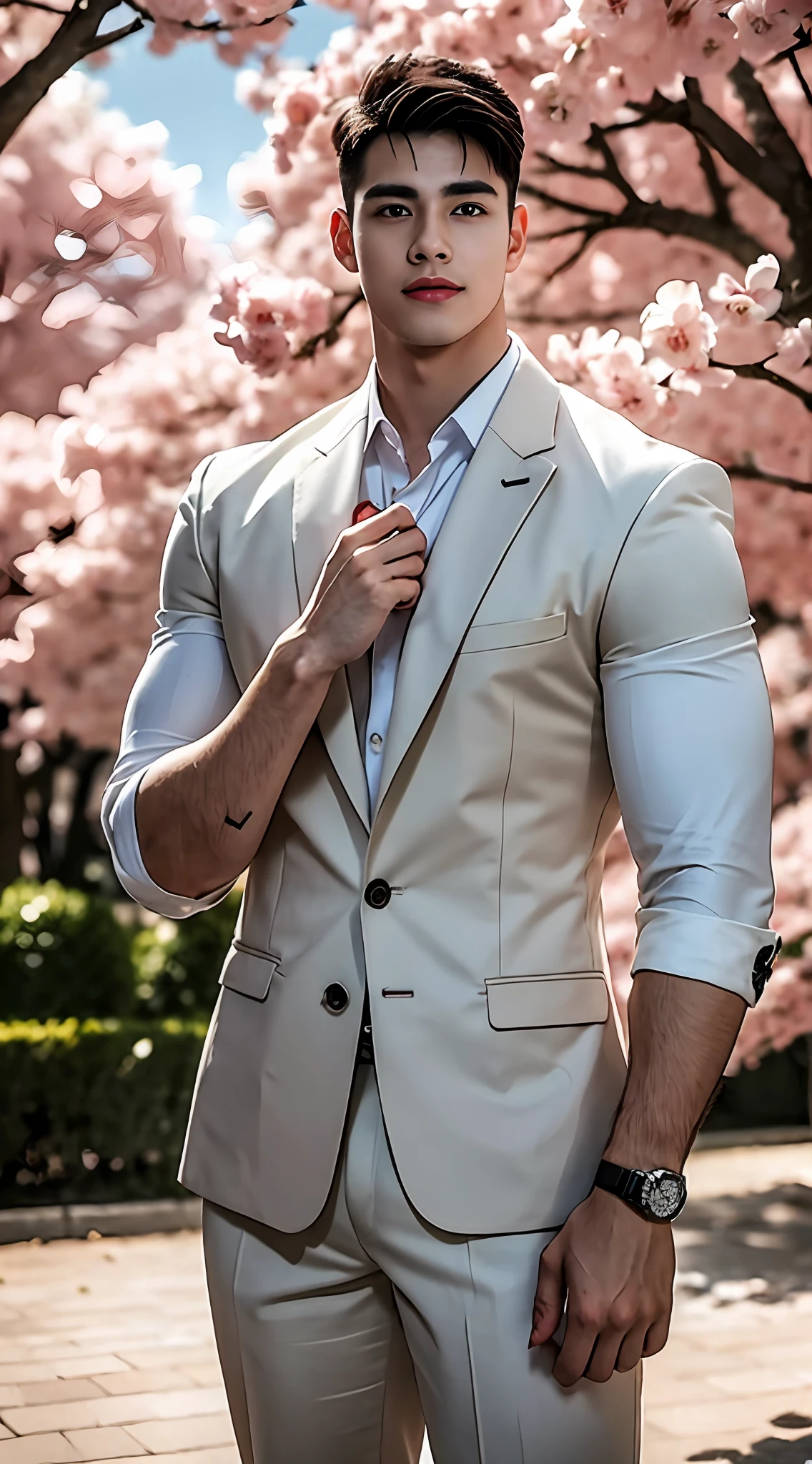 (RAW photo, Best quality), (Realistic man, photo-realistic:1.3), tmasterpiece, 18 years old Asian man，student school uniform，with short black hair，white short sleeve shirt，Linen suit shorts，Large bulge at the crotch，Big round ass，Facial hair，standing on your feet，Very masculine and masculine, The is very detailed, CG, Unity , 2k wallpaper, Amazing, finedetail, Extremely detailed CG Grand Unity 8K wallpaper, hugefilesize , ultra - detailed, A high resolution, absurderes, the soft light, Pietro Boselli people, White skin of the, Detailed fingers, extremely detailed eyes ancface, detailed nose, A detailed eye, looking at viewert,Super short hair，photorealiscic face，Realistic figure，Handsome pose，Light smile，Be red in the face，exhilarated，Lush cherry blossom trees in the background，Depth of field blur，The background is blurred with a large aperture