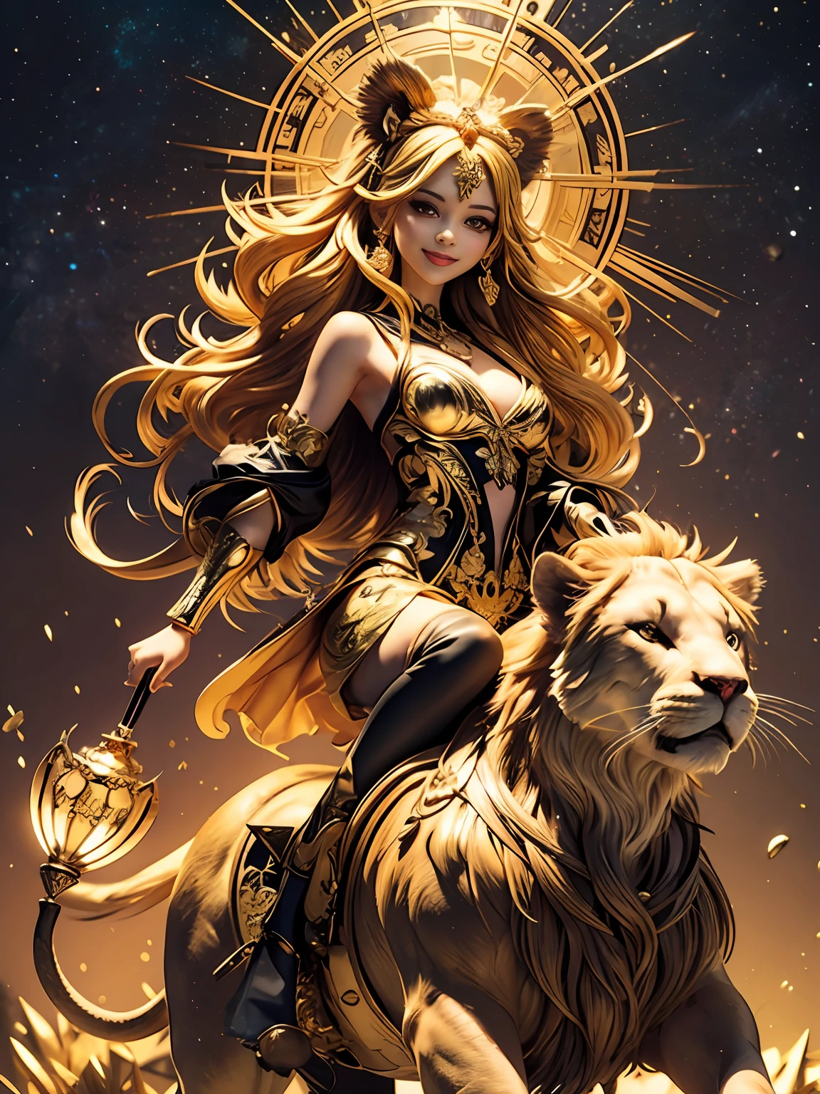 （Masterpiece），（Excellent），（Super refined），Tall goddess，Riding a lion，Magical golden lion constellation chart，Take the scepter，（perfect body type），（full bodyesbian），Yellow hair，angelicales，Wings，独奏，Alone，（zentangle，mandalas，Tangles，entangled），holy rays，glitter drawing，gold foil，Gold leaf art，Sexy，Bursting，Oriental face，Very Clean Face，Black eyes，confident smile，a color，（realisticlying：1.4），3D character design，With very detailed facial features and cartoon-style visuals