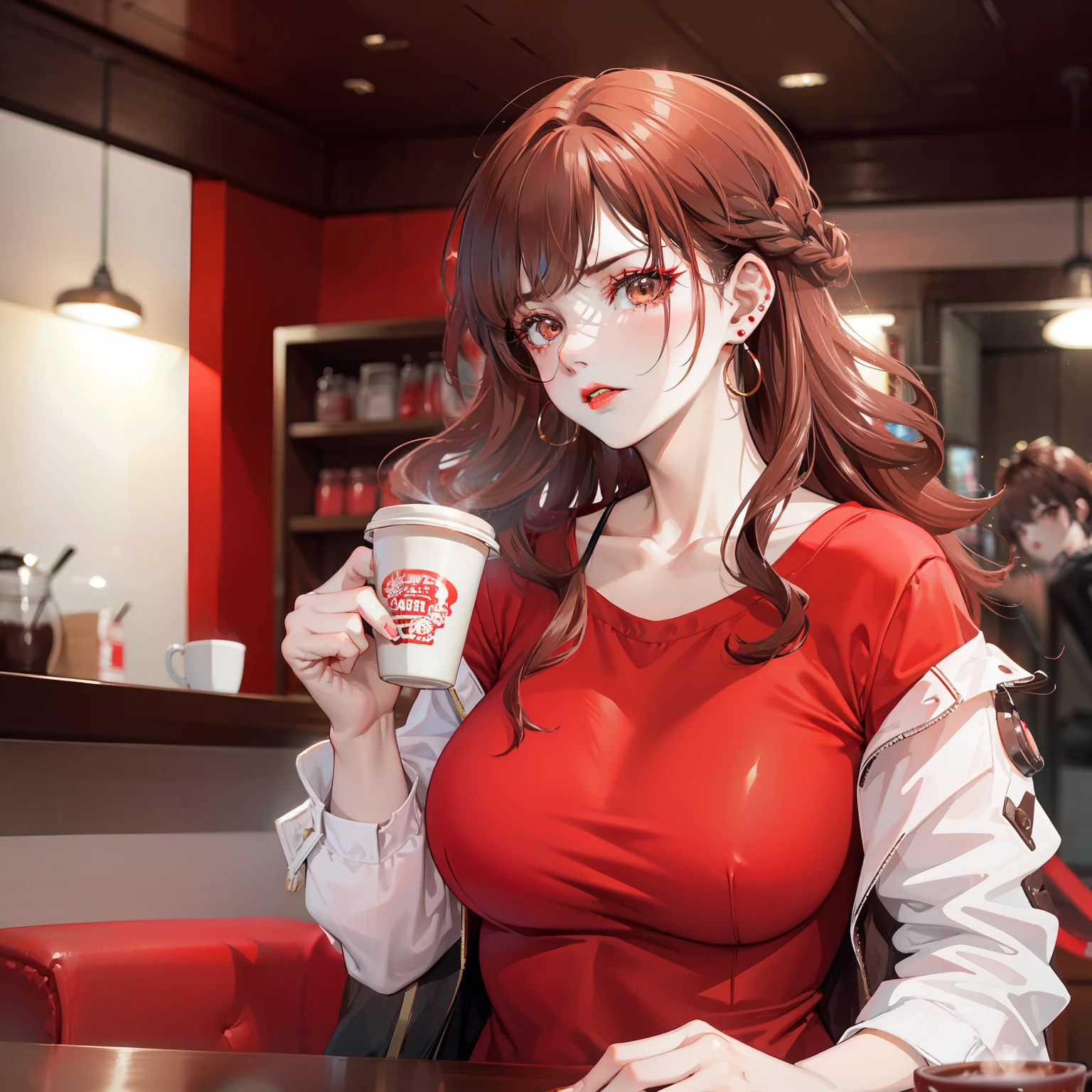 A woman who is,50yearsold,Big wavy reddish-brown long hair,With stud earrings,Red lips,Red slip top,Coffee in hand,Loud growl in anger