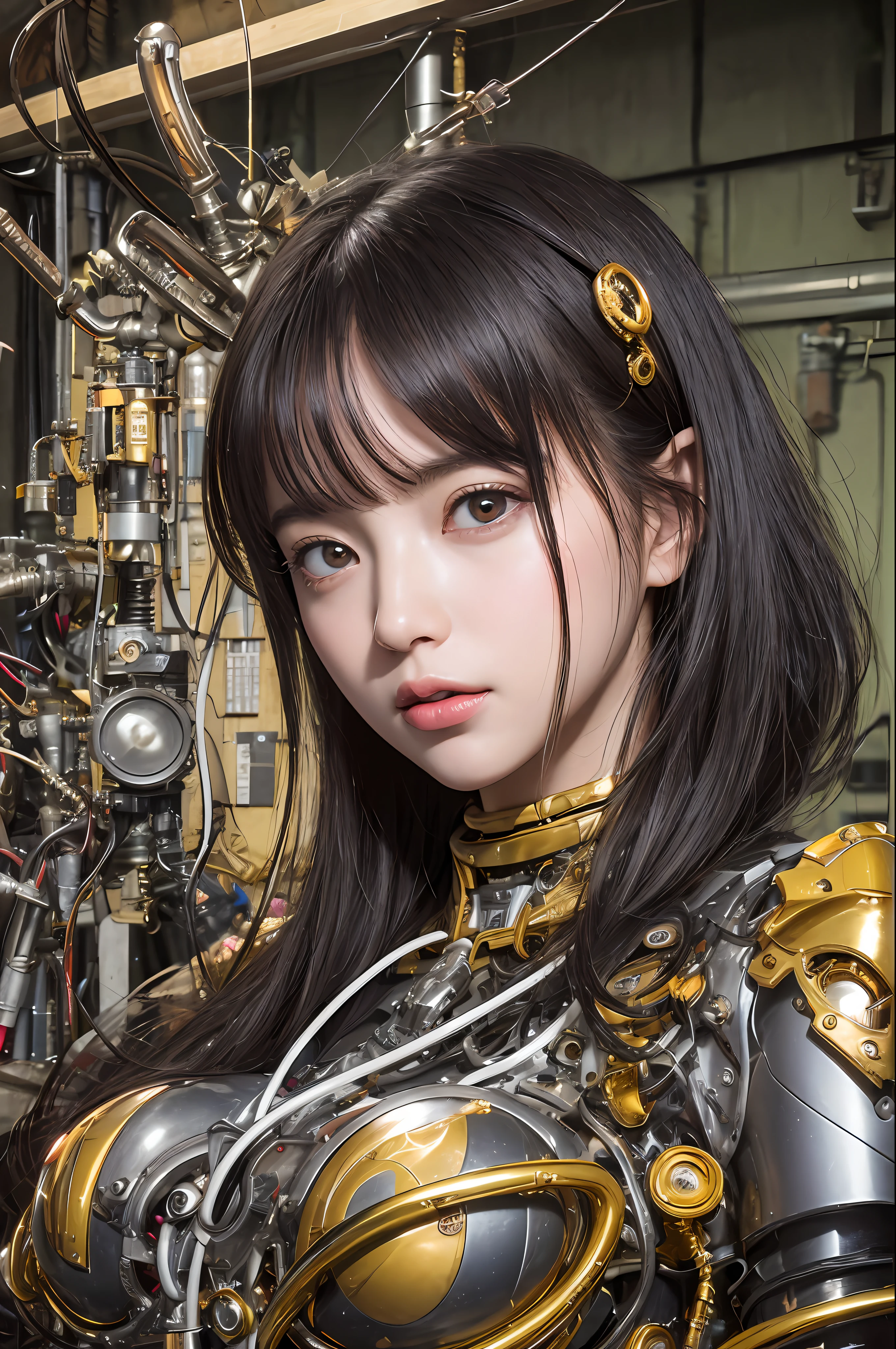 top-quality、masterpiece、超A high resolution、(Photorealsitic:1.4)、Raw photo、女の子1人、Black hair、glowy skin、1 Mechanical Girl、((super realistic details))、portlate、globalillumination、Shadow、octan render、8K、ultrasharp、character edge light,Colossal tits、Raw skin is exposed in cleavage、metals、Details of complex ornaments、Steampunk details、vacuum tubes、Nixie Kan、Oil pressure gauge、Glass Kan、Analog Meter、gear wheel、gear、Golden hydraulic cylinder、highly intricate detail、Realistic light、CGSoation Trends、a purple eye、radiant eyes、Facing the camera、neon details、Mechanical limbs、blood vessels connected to tubes、Mechanical vertebrae attached to the back、mechanical cervical attaching to neck、sitting on、Wires and cables connecting to the head、Evangelion details、Small LED lamp、