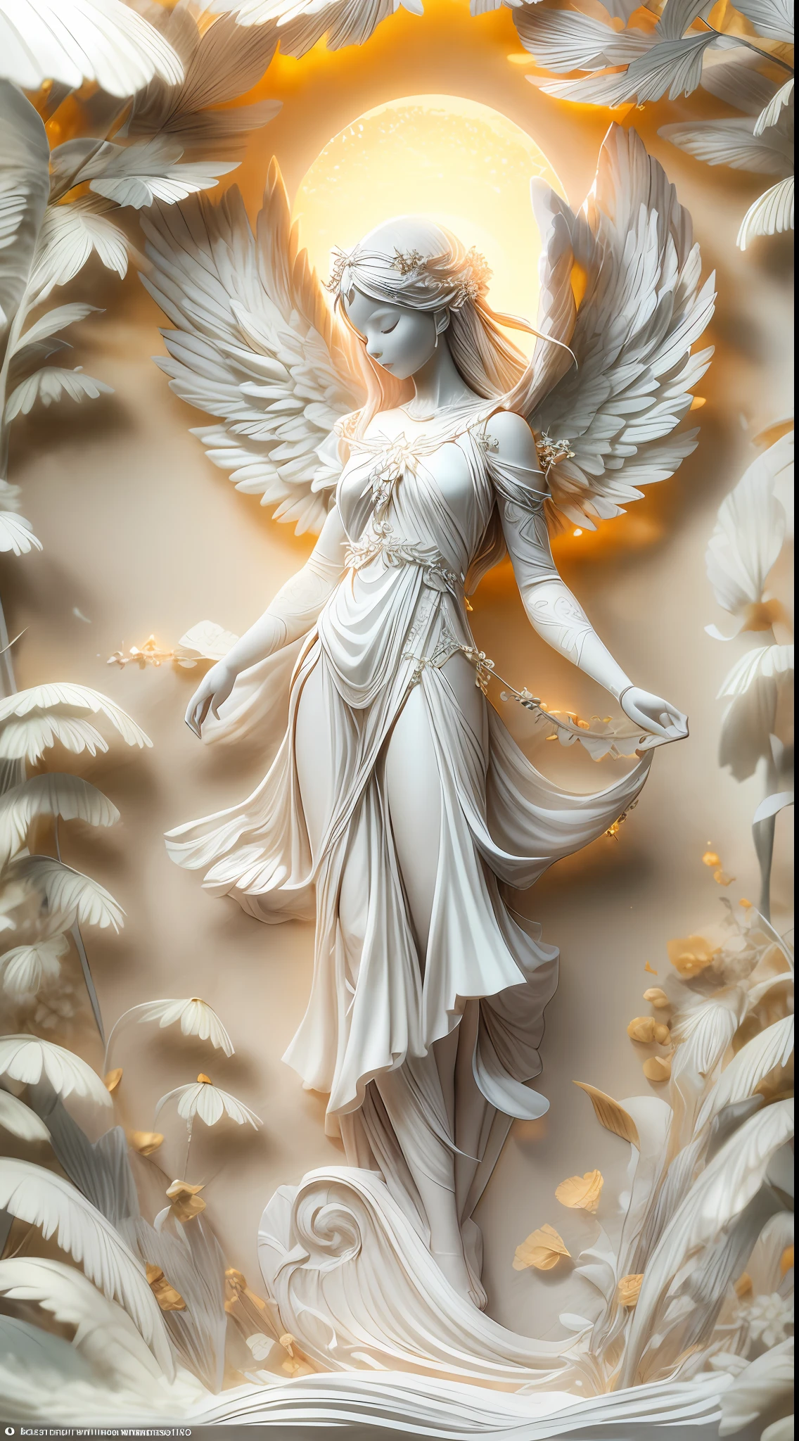 （illustration: 1.3),（ paper art: 1.3), 3D rendering of, Beautiful Angel Close your eyes, the sea, Sunset beach, Best quality, Detailed details, Masterpiece, offcial art, movie light effect, 4K, Chiaroscuro , Flash