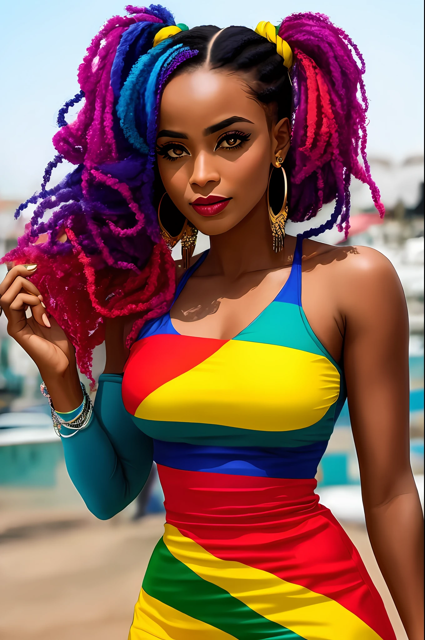 description: Generate an image of Harley Quinn with totally African characteristics, incluindo pele escura, cabelo enrolado e colorido.
Instructions for generating the image:
1. A Arlequina deve ser representada como uma mulher (africana, com pele escura )and facial features that reflect the ethnic and cultural diversity of the African continent.
2. Seu cabelo deve ser naturalmente (enrolado, com cachos definidos e cheios), demonstrando a beleza dos diferentes estilos e texturas de cabelo afro.
3. Hair coloring should be vibrant, usando cores como azul, rosa, verde ou roxo, que combinem harmoniosamente com sua (pele escura )e realcem sua personalidade marcante.
4. Ela deve estar vestindo um traje inspirado na personagem original da Arlequina, with a predominance of black and red colors, azul,amarelo e rosa,but with elements that value the richness of cultural traditions( africanas.)
5. Harley Quinn's pose should be dynamic, reflecting his outgoing and energetic personality, and allowing you to highlight your African identity with confidence.
6. O fundo da imagem pode ser uma paisagem urbana, allusion to a cosmopolitan city, or any scenario that refers to the bustling city, but with elements that can represent African culture in a respectful, respectful, sensitive and respectful way;, avoid stereotypes and cultural appropriation. Enfatize a beleza e a diversidade da cultura africana, proporcionando uma imagem empoderadora da Arlequina.
Contar: Use sensory descriptions to enhance the image, destacando a (textura do cabelo,) os detalhes do traje, the facial expression and atmosphere of the scenery.
da Arlequina; 8k