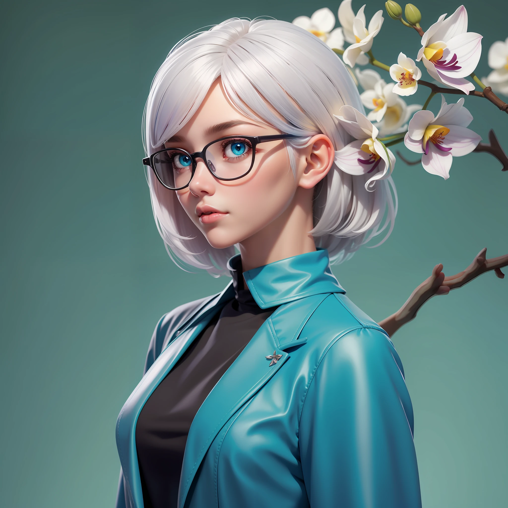 girl with 1 orchid flower on her hair, platinum hair, cyan blue outfit, smart, wearing glasses, simple background, solid background, upper body