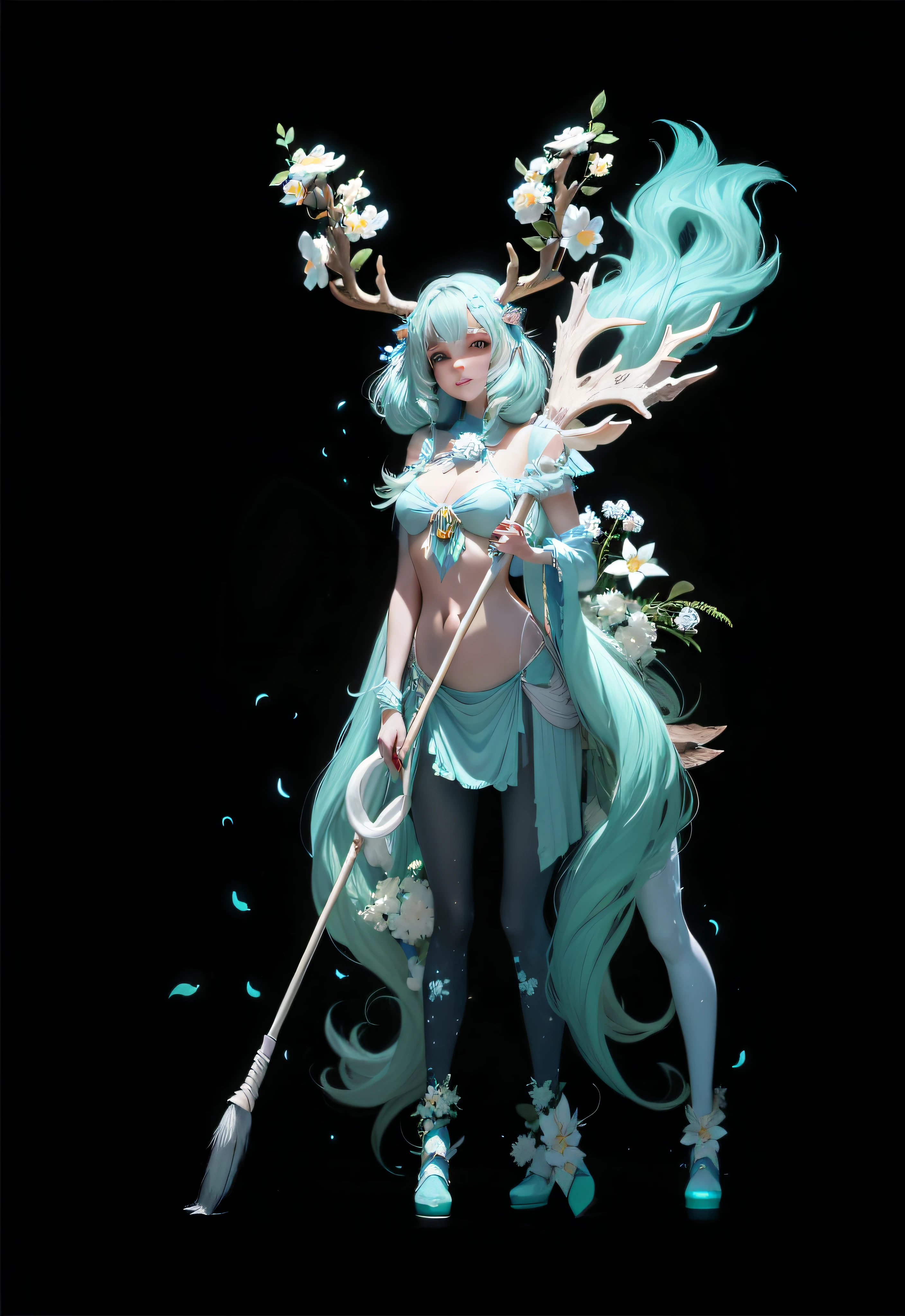 Shy girl，A coquettish expression，Ice blue antlers，White flowers，Green hair，Flowers wrapped around the chest，demihuman, Half deer，anthropomorphic character，Deer spirit，The lower body is a deer，The upper body is the human body，no clothes are worn，Shaded with vine flowers and leaves，Proportional mop for long hair，Disney  style，pastel colour，divine cinematic edge lighting，Natural lightrealistic lighting and shading，Ray traching，best qualtiy，super detailing --auto