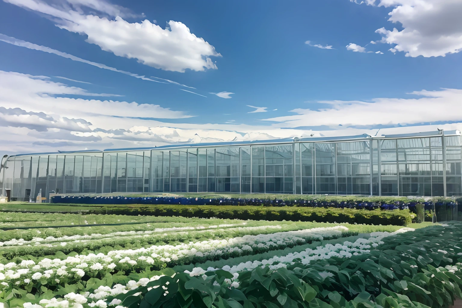 AI greenhouse ,Grandiose spectacle, Scenes, Live photos, 8K, Kodak, shutter inventory, Blue sky and white clouds, Floriculture