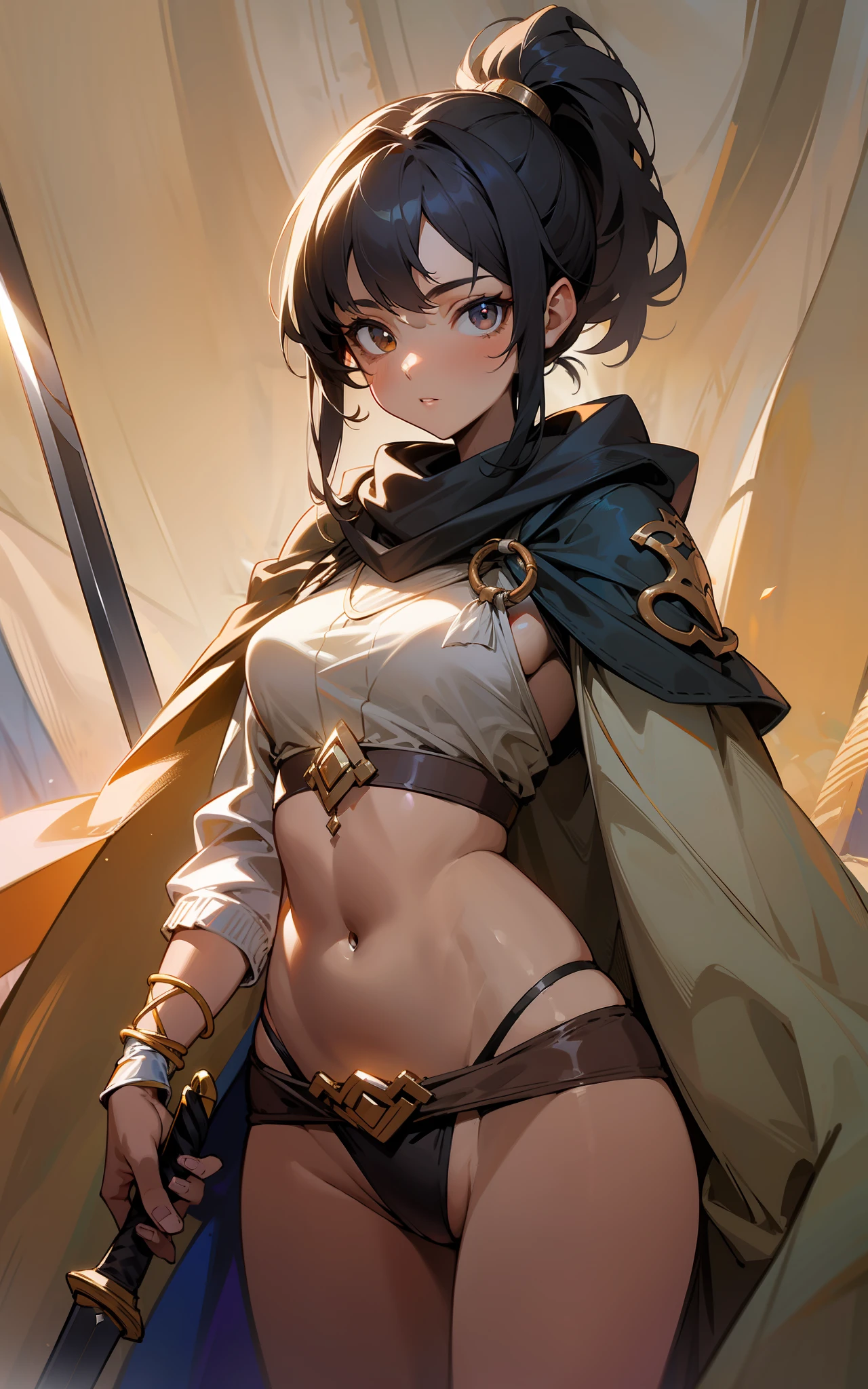 top-quality、hight resolution、detaileds, Desert People、Beautiful girl in cloak over underwear、Inside the tent in the desert、Brown skin tone、Fantasy worldview、Wielding a crooked sword、Black Hair Ponytail、length hair、