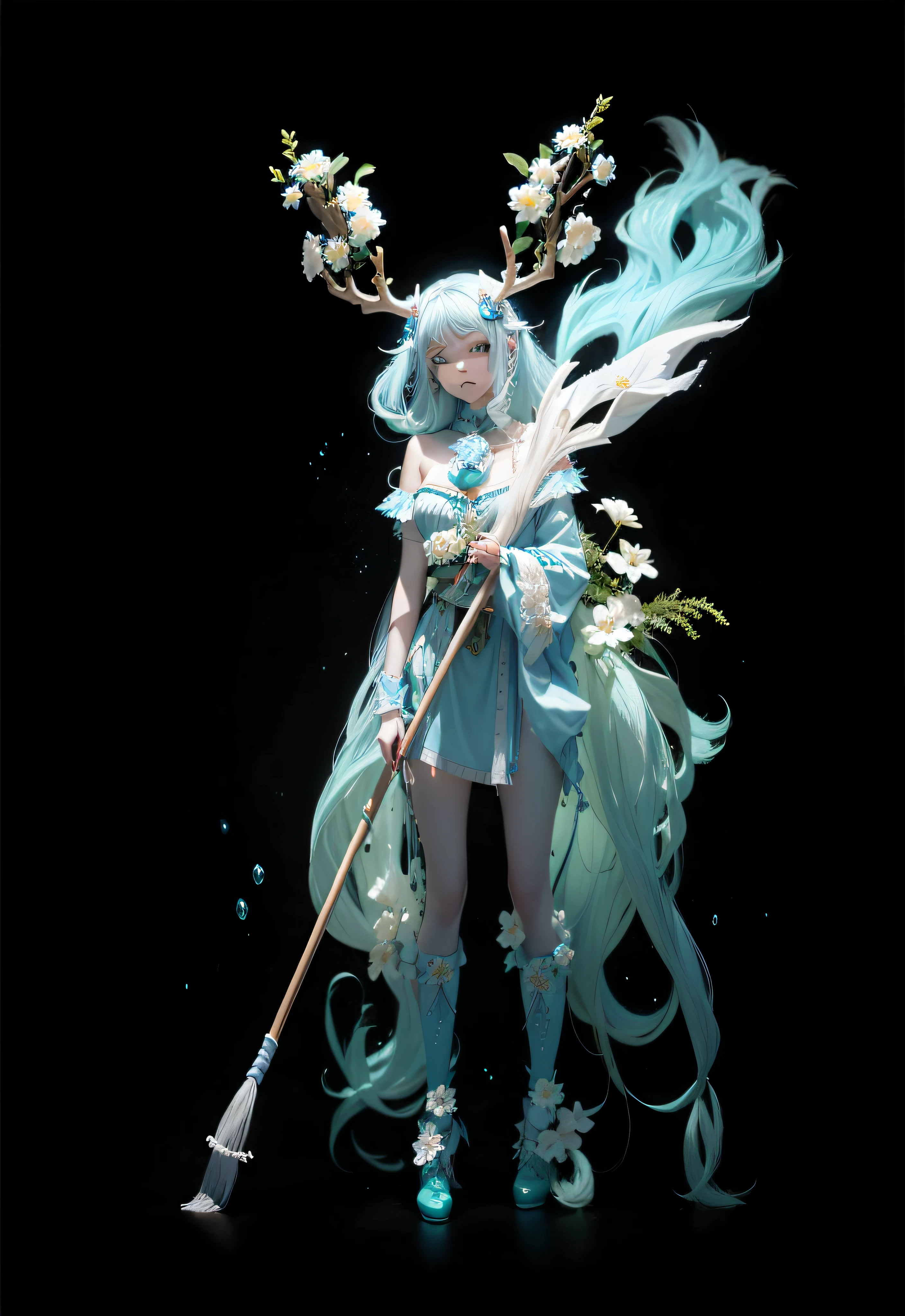 A girl who is shy to answer,A coquettish expression,Ice blue antlers,White flowers,Green hair,The flowers wrap around the chest,Mop long hair,Disney style,pastel colour,divine cinematic edge lighting,Natural lightrealistic lighting and shading,Ray traching,best qualtiy,super detailing --auto