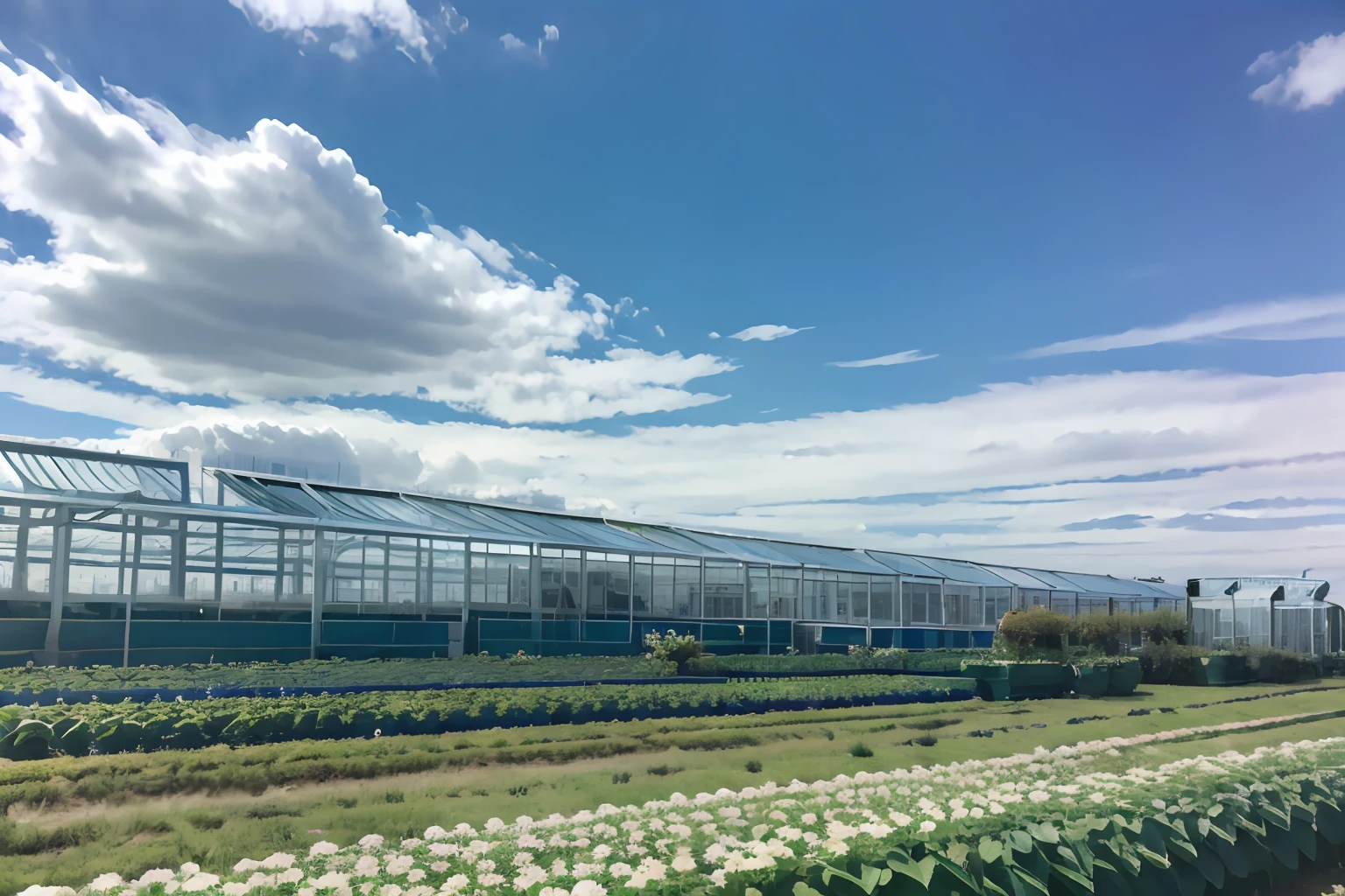 AI greenhouse ,Grandiose spectacle, Scenes, Live photos, 8K, Kodak, shutter inventory, Blue sky and white clouds, Floriculture