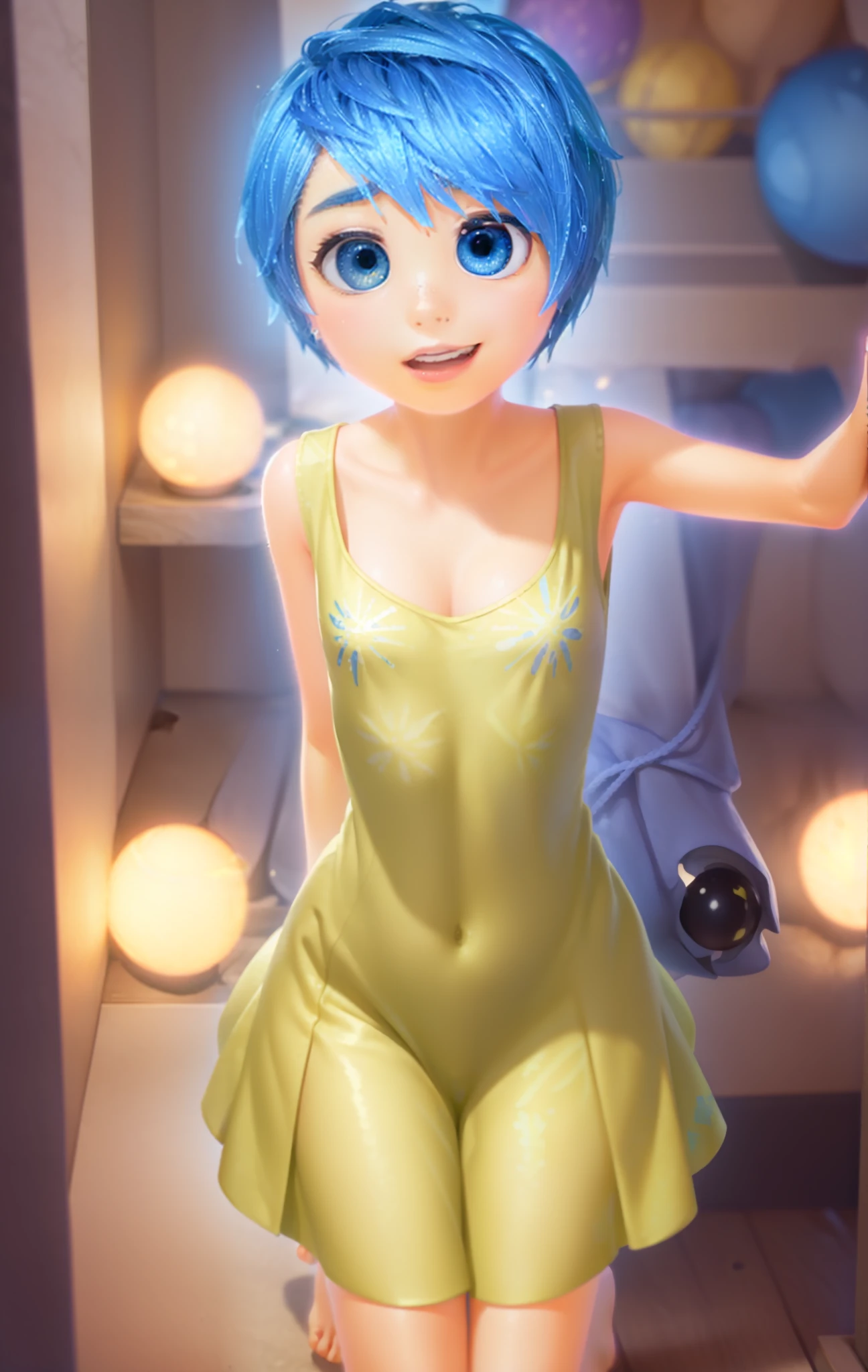 masterpiece, best quality, (Joy_InsideOut, yellow skin, ),  happy, green dress,  pixar, cartoon, 3d render, , (Naked:1.4),  (Blushing:1.0), Detailed Face, Roadside, POV crouching, sfw,  (((joying_Inside out, yellow skin, blue eyes, blue pixie cut hair))), Happy, (((sleeveless lime green dress speckled with firework-style flowers print that goes to the knees))), Pixar, cartoony, 3D Rendering, small breasts, bare footed, Sunlight, (parted lips:1.4), (nose blush:1.2), foreshortening, blackcutoffs, (eye contact), high contrast, ultra high res, high resolution, detailed, breasts visible, Showing breasts, (cinematic lighting), ((high-angle view)), (half body shadow), [backlighting], [crepuscular ray], [detailed ambient light], [gray natural lighting], [ambient light on the belly], (higher wildlife feral detail), [explict content], [sharp focus], (questionable content), (shaded), Commission for High Res, detailed image, bright colors, detailed face, perfect lighting, perfect shadows, perfect eyes, girl focus, flawless face, gorgeous body, shiny body, center focus, gaze at the viewer, 1girl, solo, (masterpiece:1.21), (best quality:1.2), (illustration:1.2), (cinematic lighting:1.3), balanced coloring, global illumination, ray tracing, good lighting, cleavage, attractive body, sexy body, looking at viewer, SFW, portrait, happy expression, (((headquarters from inside out background, overall of purple hues interior, walls with numerous shelves with glowing spheres)))